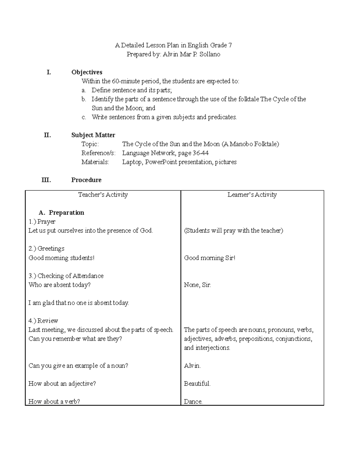 Detailed Lesson Plan: English Grade 7 - A Manobo Folktale Study - Studocu
