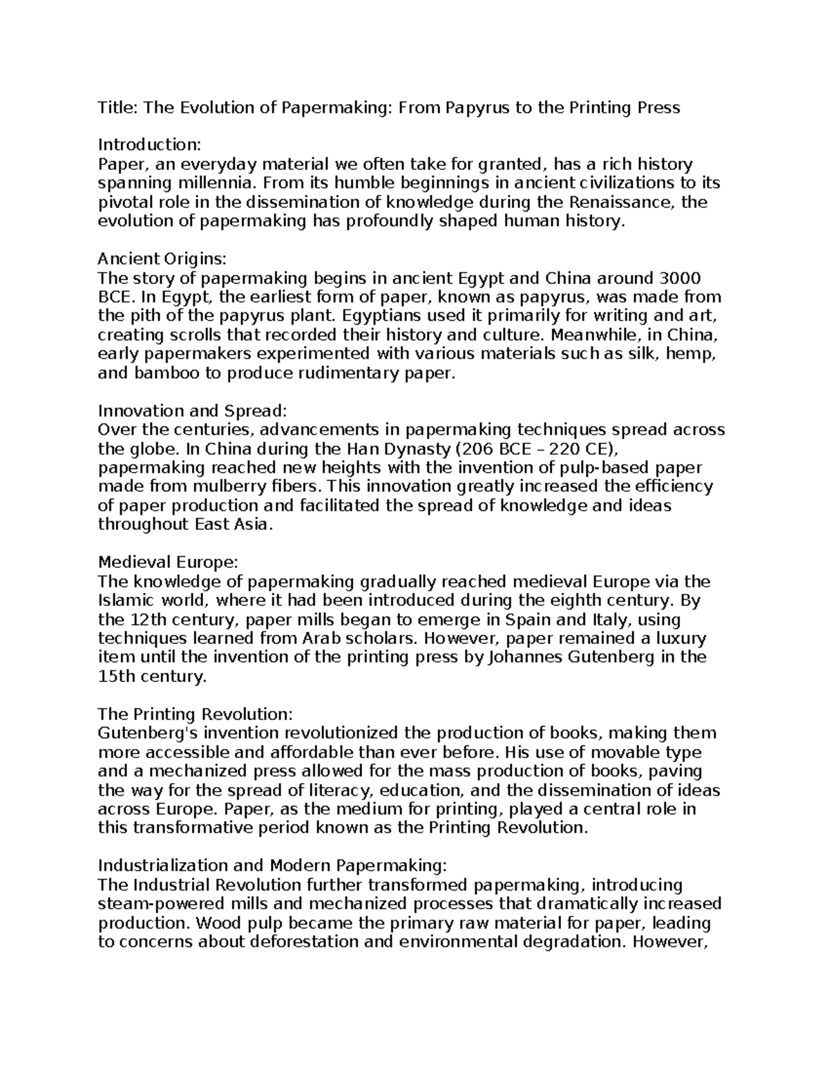 HIST 201: The Evolution of Papermaking from Papyrus to Print - Studocu