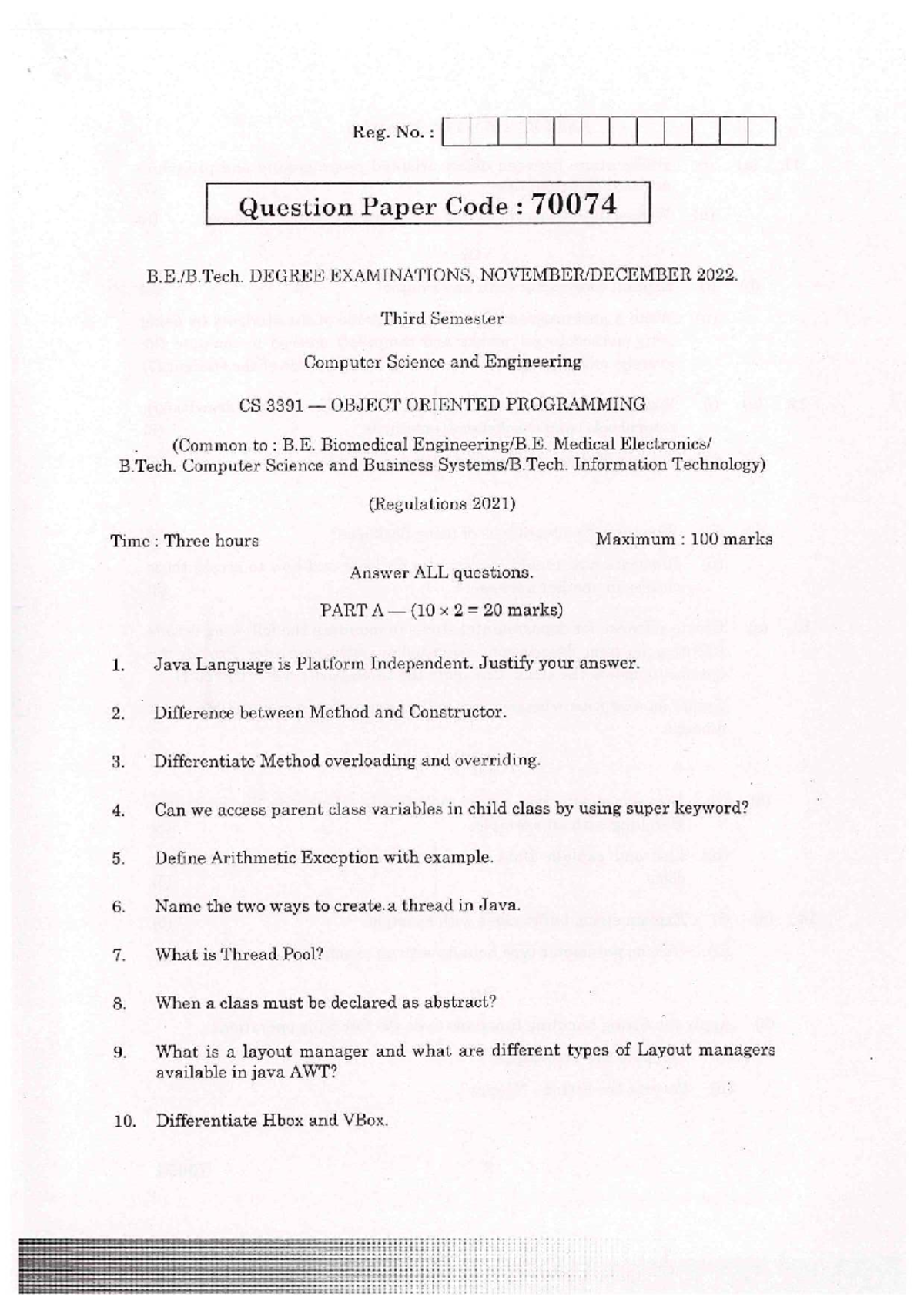 CS3391 - OOPs Nov-Dec 2022 - Question Paper with Solutions - Studocu