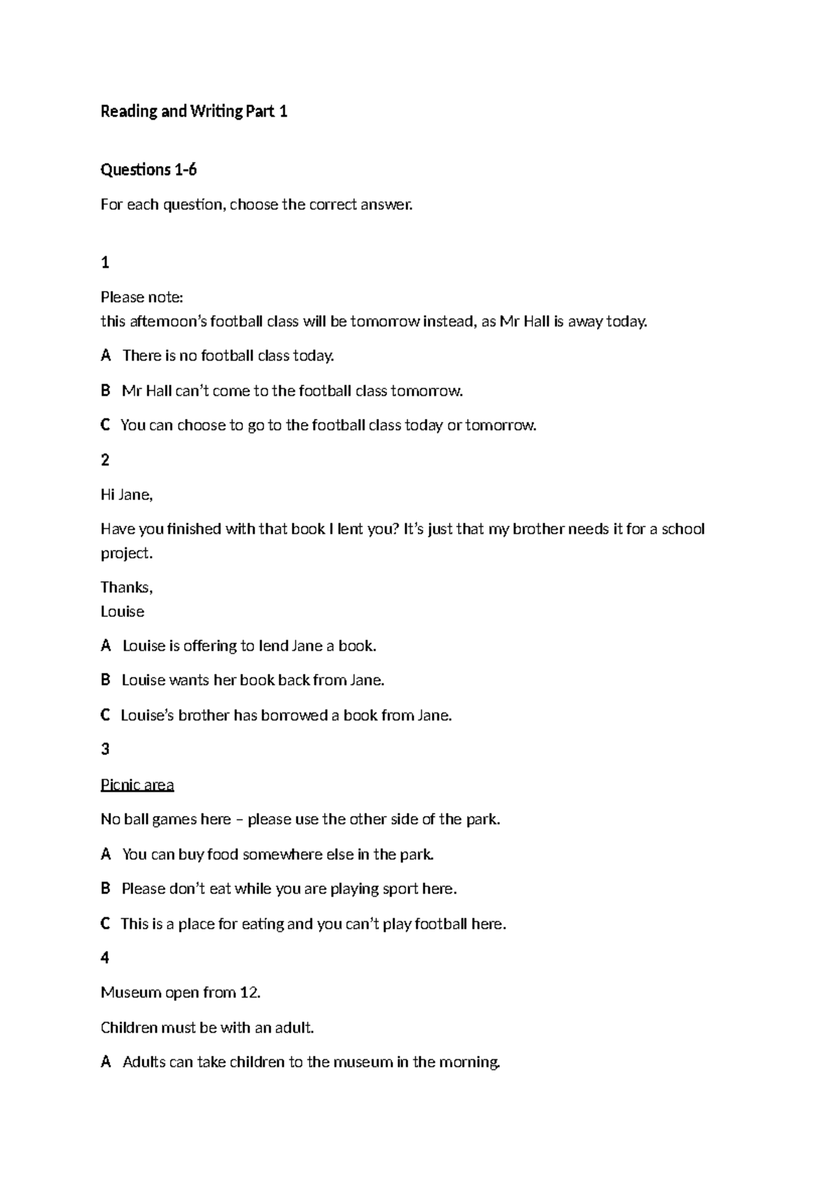 Reading and Writing Part 1: Practice Questions and Answers - Studocu