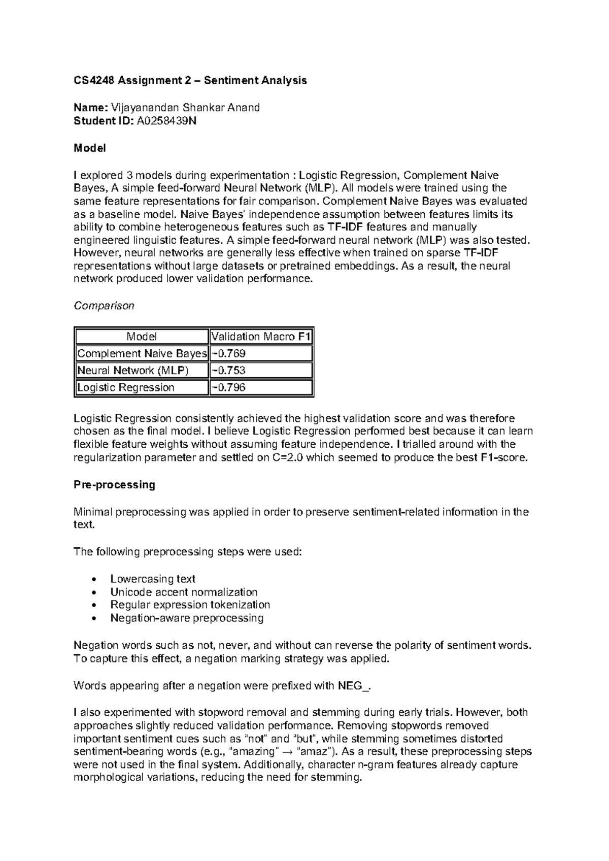 CS4248 Assignment 2: Exploring Sentiment Analysis Models - Studocu