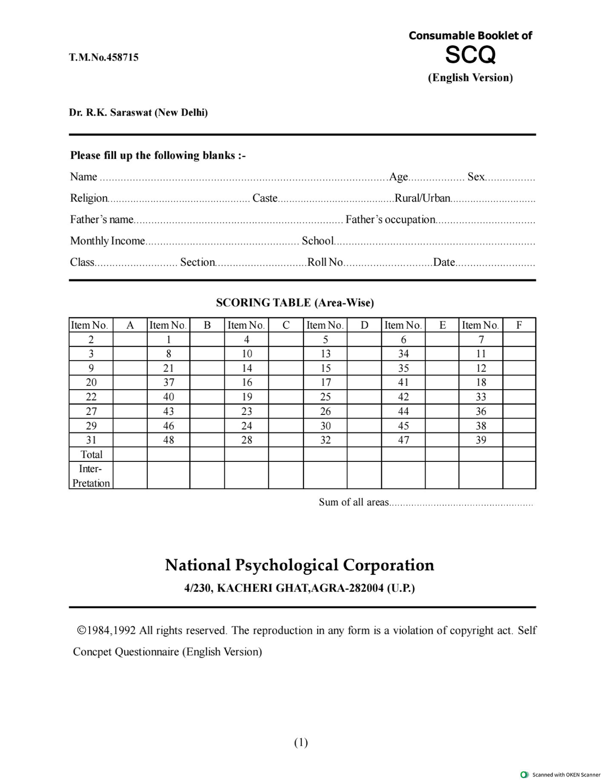 Self Concept Questionnaire (SCQ) Practical File T.M.No.458715 - Studocu