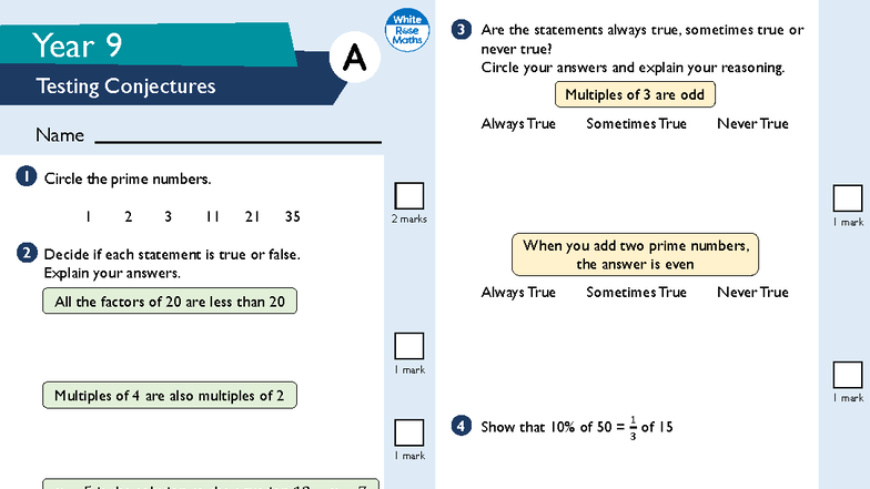 Year 9 Autumn 3 Testing Conjectures Mini Assessment A - Studocu