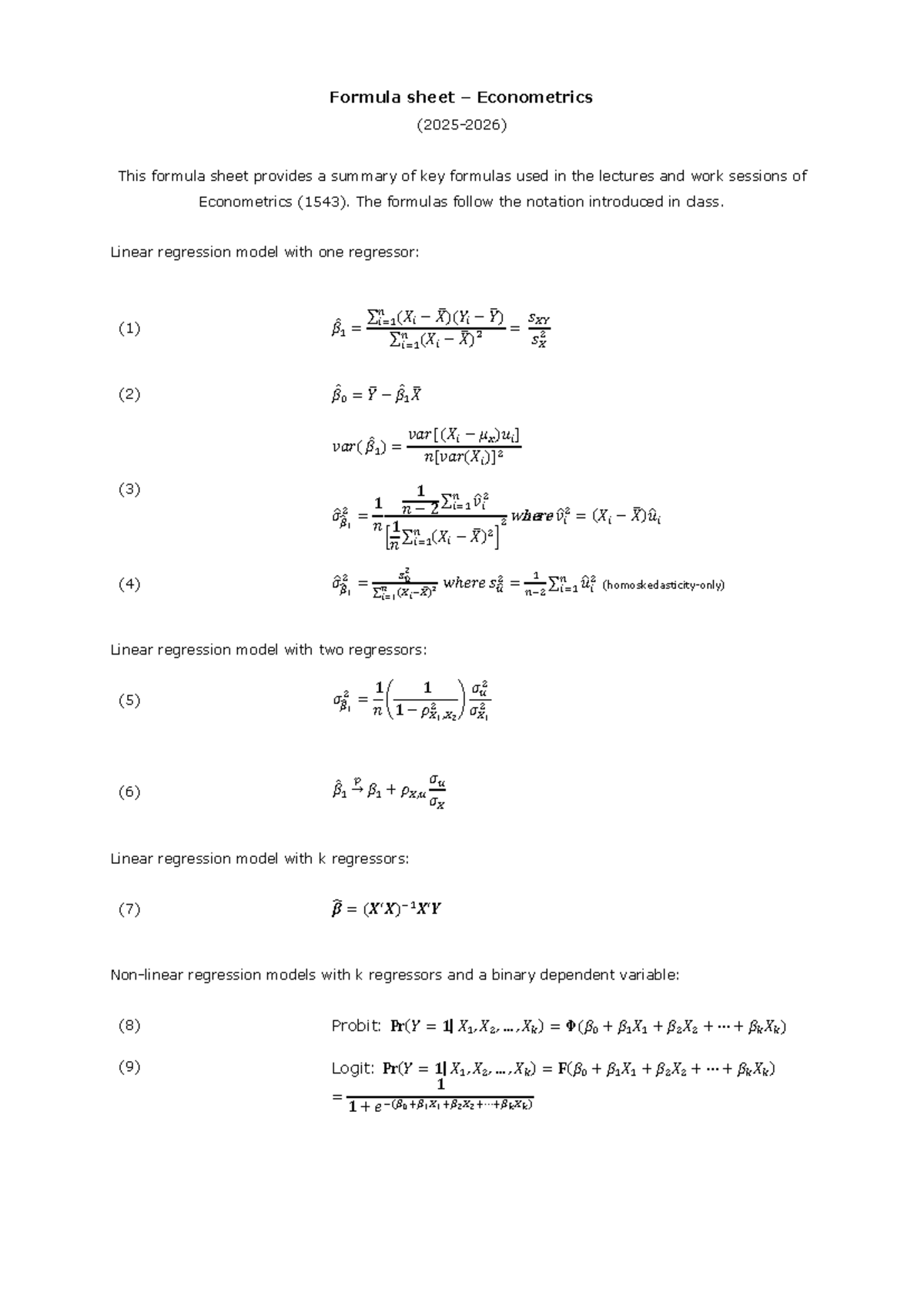 Econometrics (1543) Formula Sheet for Final Exam 25-26 - Studocu