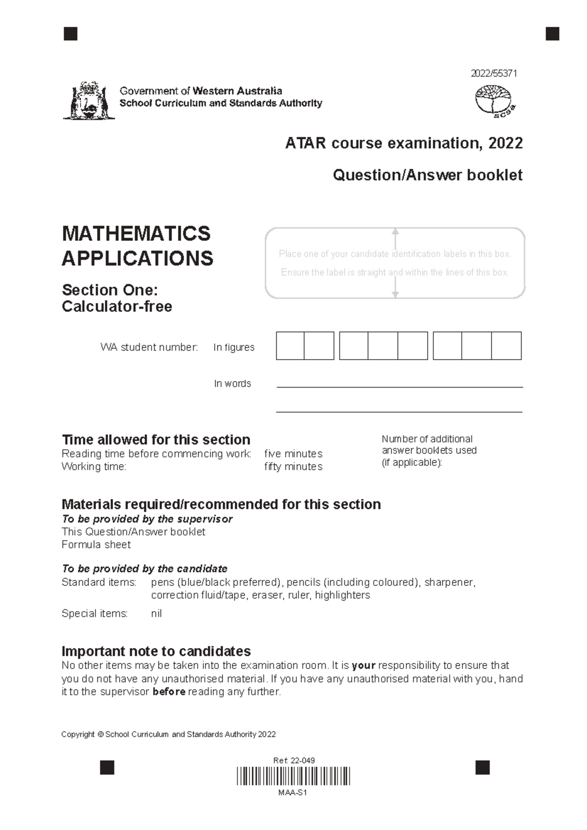 2022 MATHEMATICS APPLICATIONS Exam Booklet - Calculator Free - Studocu