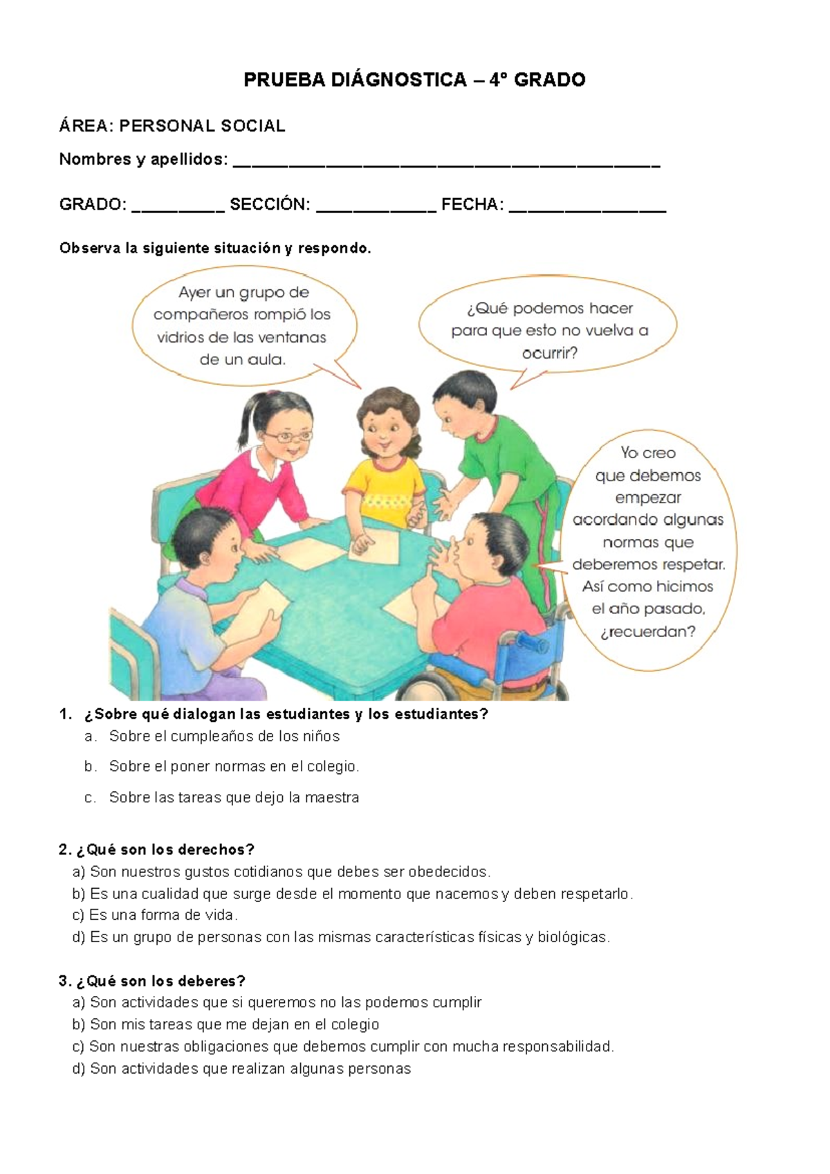 4° Grado - Prueba Diagnóstica: Personal Social Evaluación - Studocu