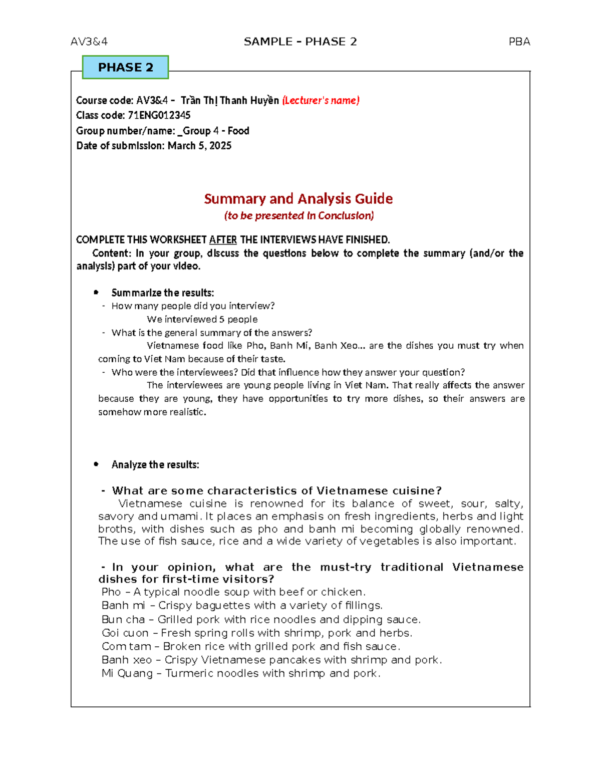 AV3&4 Sample PBA Manual - Phase 2: Summary & Analysis Insights - Studocu
