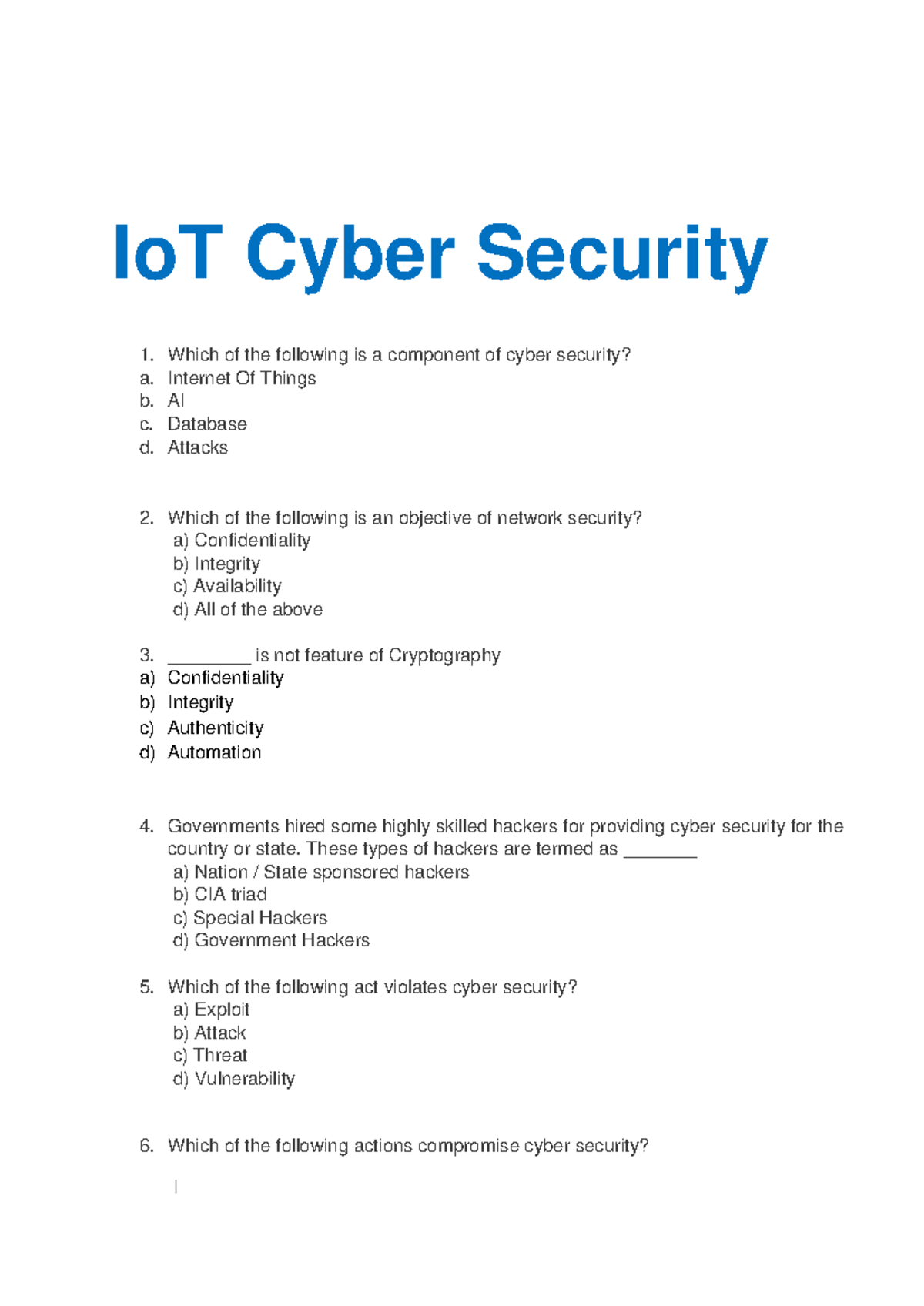 IoT Cyber Security Practice Assessment Questions and Answers - Studocu