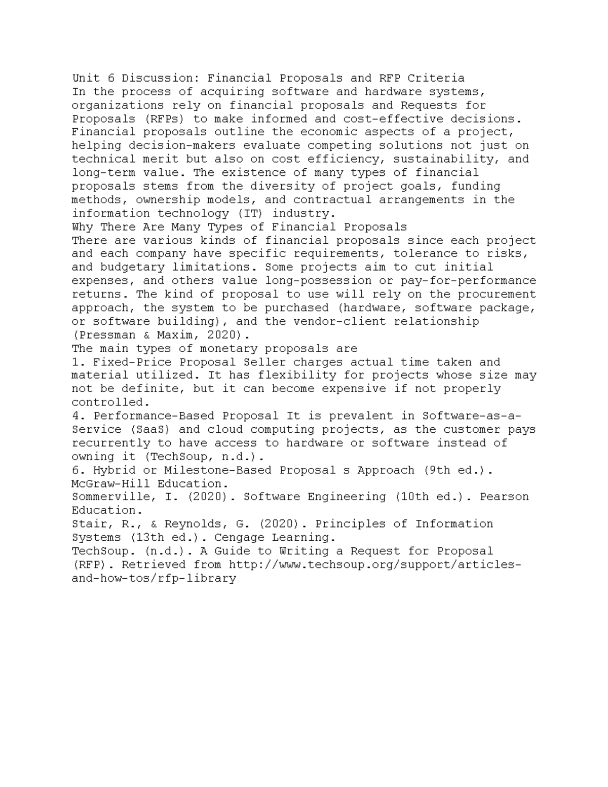 CS 4403-01: Unit 6 Discussion on Financial Proposals & RFPs - Studocu