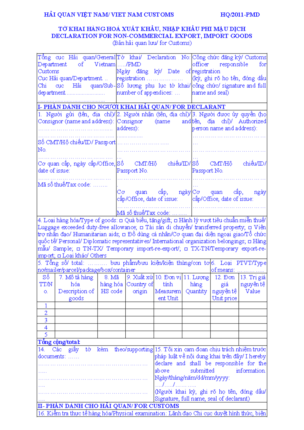 Tờ khai hải quan - ..... - HẢI QUAN VIỆT NAM/ VIET NAM CUSTOMS HQ/2011 ...