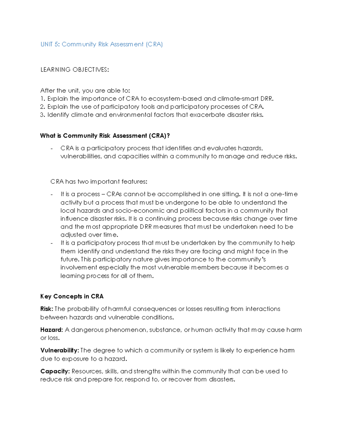 CDM UNIT 5 - Community Risk Assessment (CRA) Insights and Process - Studocu