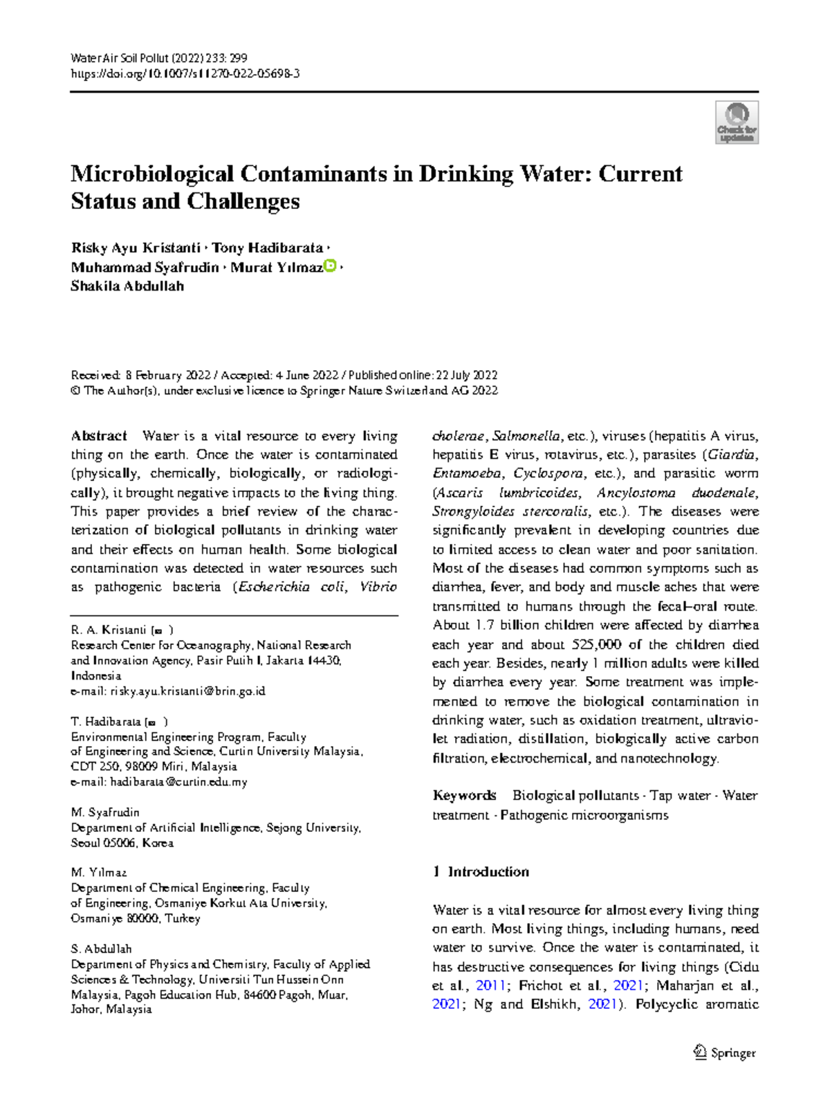 Microbiological Contaminants in Drinking Water: Current Challenges ...