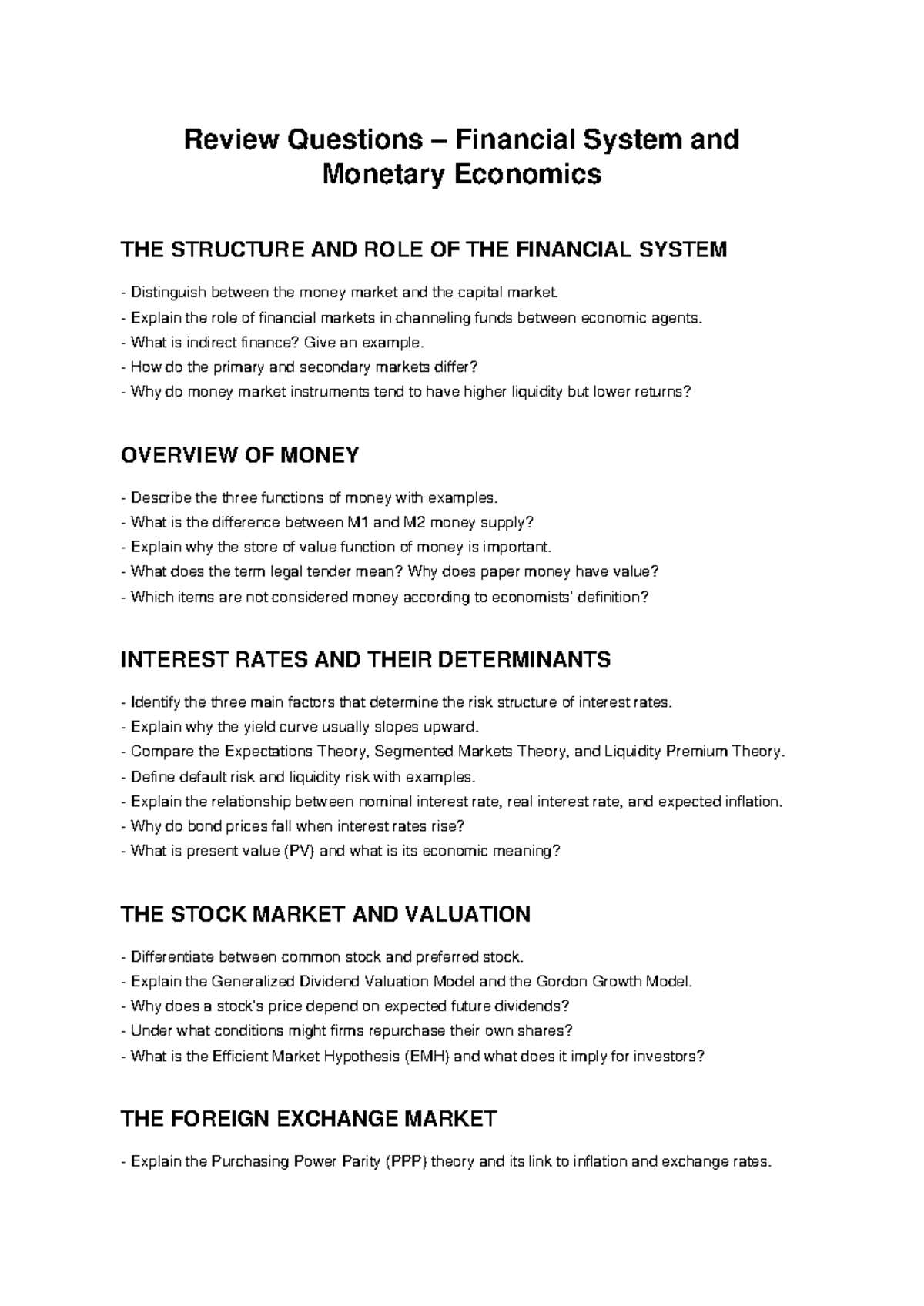 Review Questions: Financial System & Monetary Economics Overview - Studocu