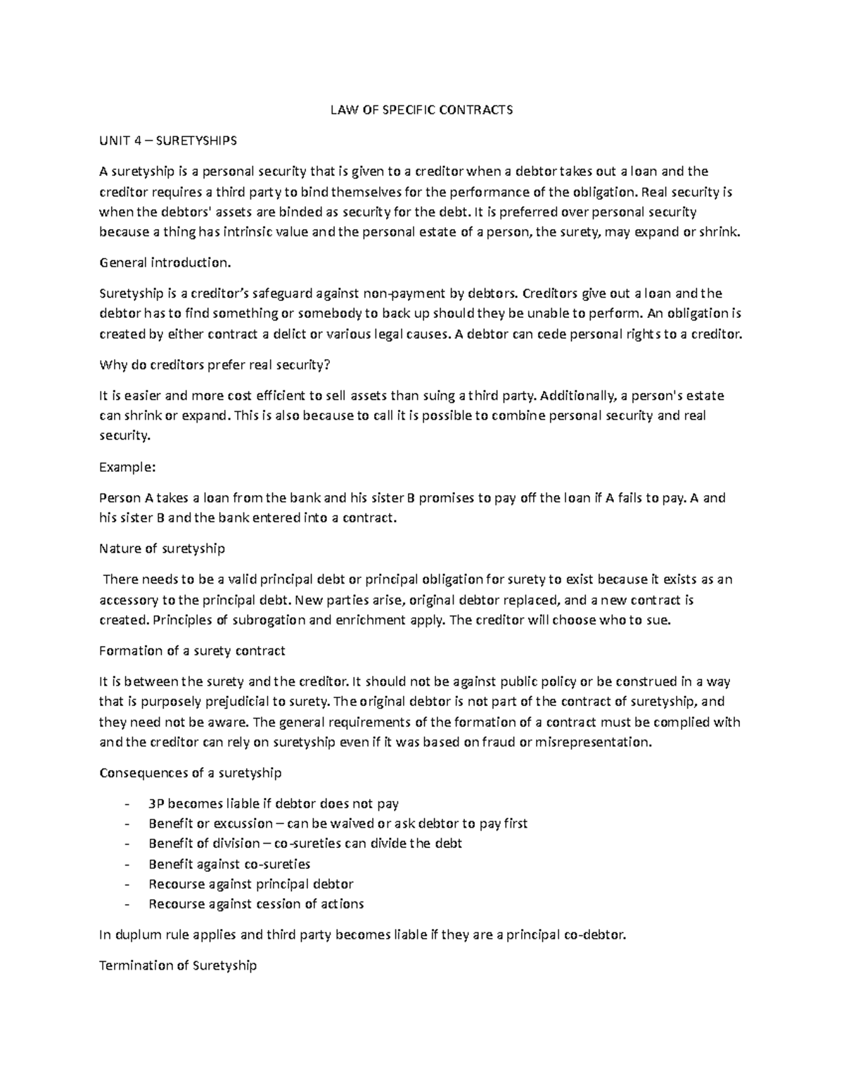 LAW 101: Final Exam Notes on Suretyships in Specific Contracts - Studocu