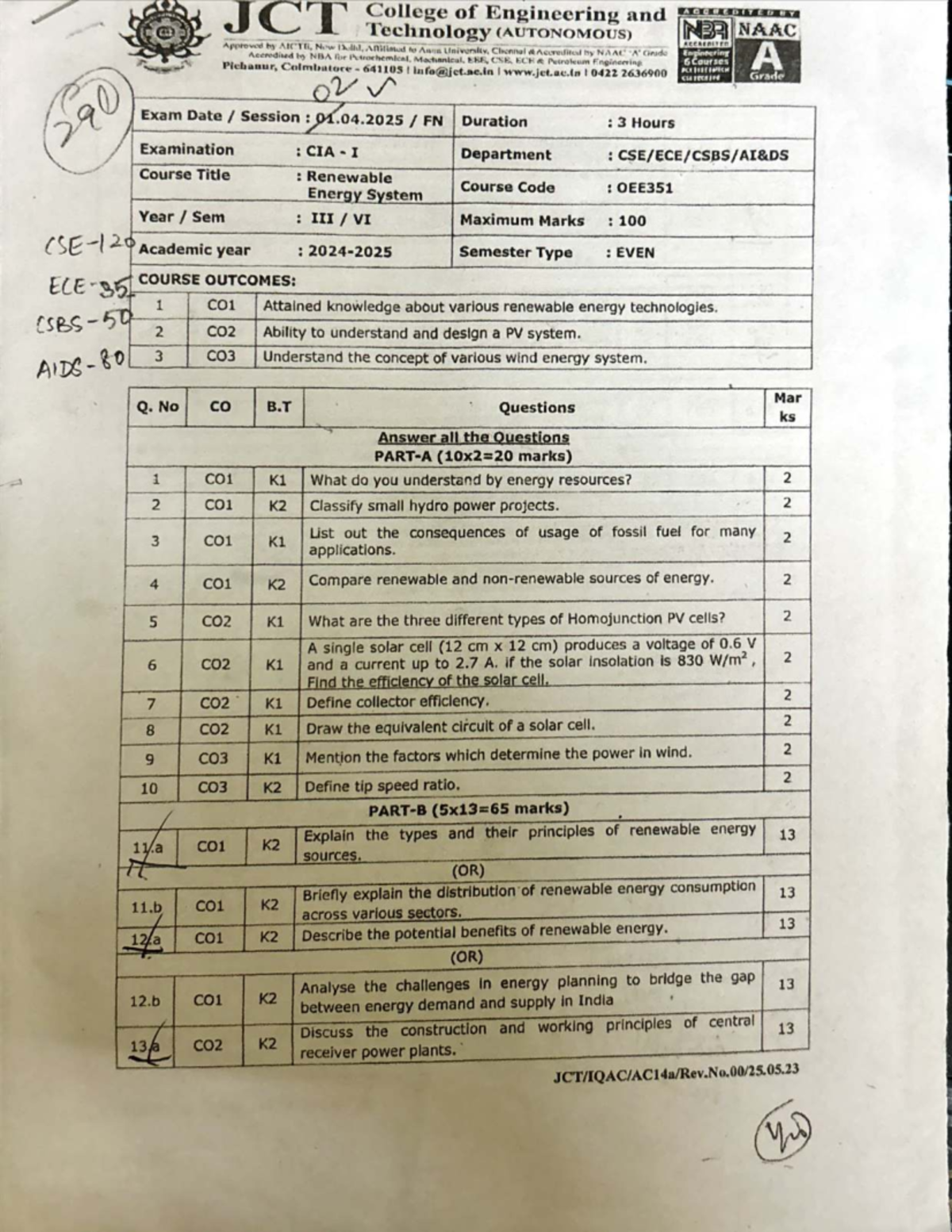 Renewable Energy Systems Exam Questions - OEE351 - Semester Even - Studocu