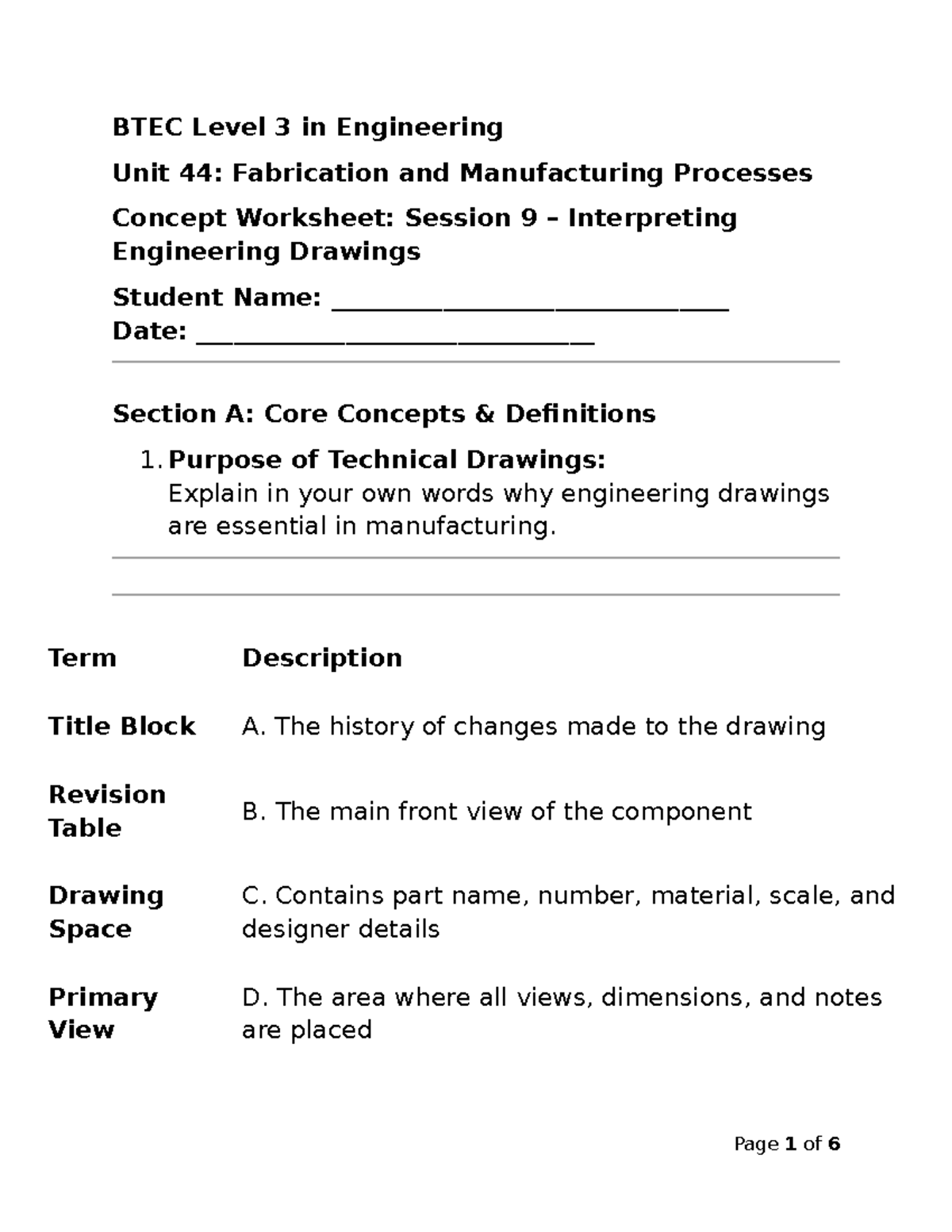 BTEC Level 3 Engineering Unit 44: Engineering Drawing Worksheet - Studocu