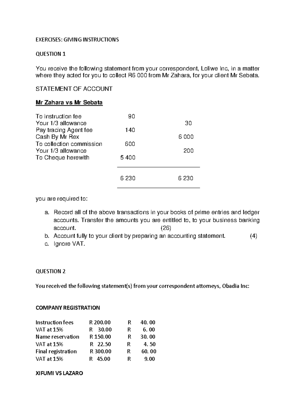 Exercises on Giving Instructions in Accounting - ACC101 - Studocu