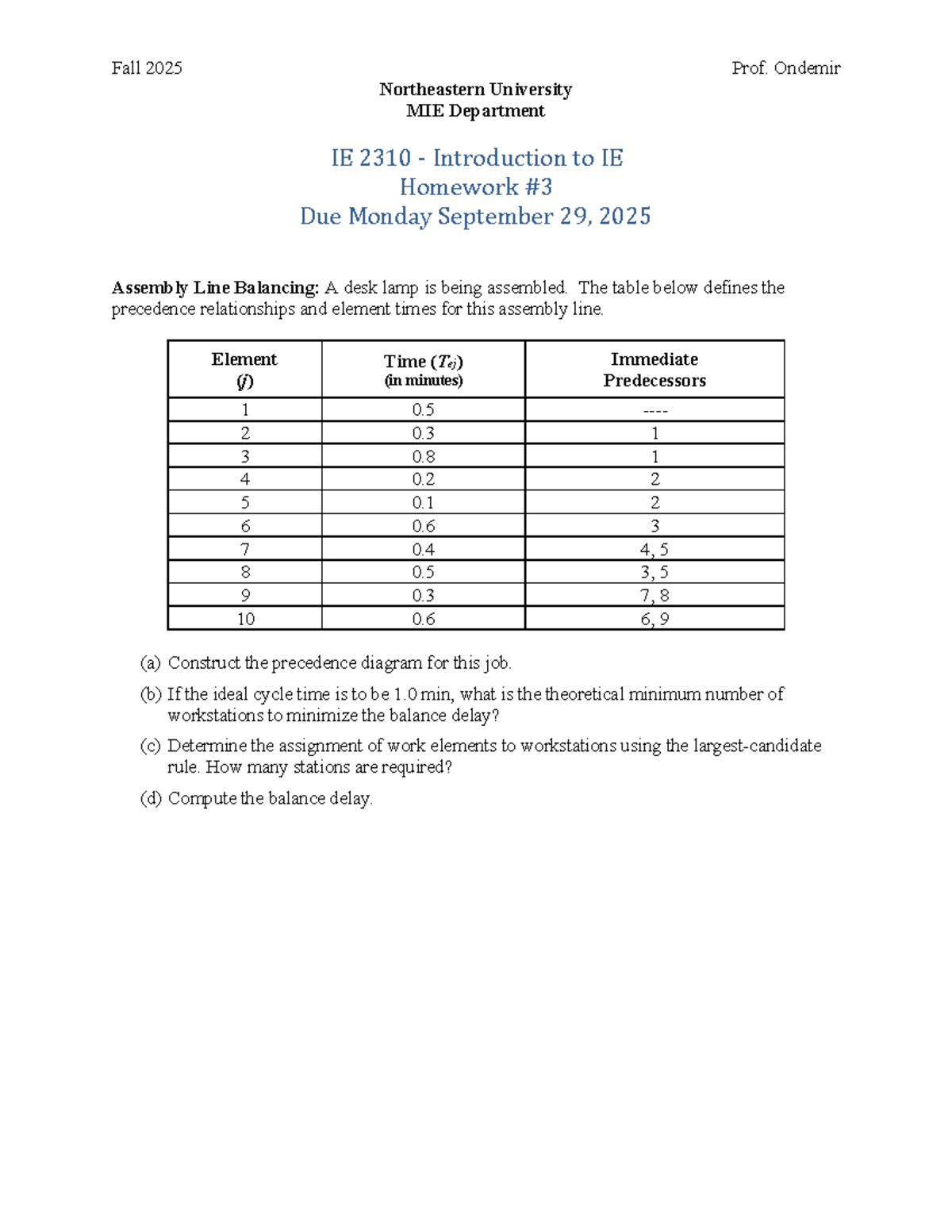 HW3: Assembly Line Balancing for IE 2310 - Due Sept 29, 2025 - Studocu