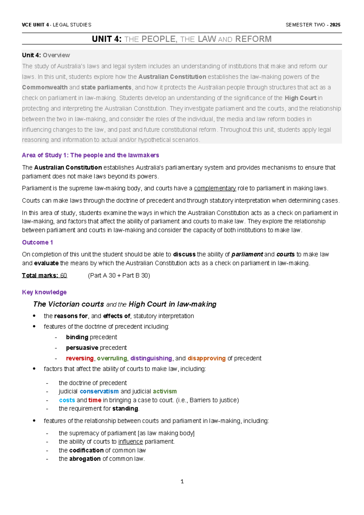 VCE Legal Studies Unit 4 AOS 1 Part B Study Design Overview 2025 - Studocu