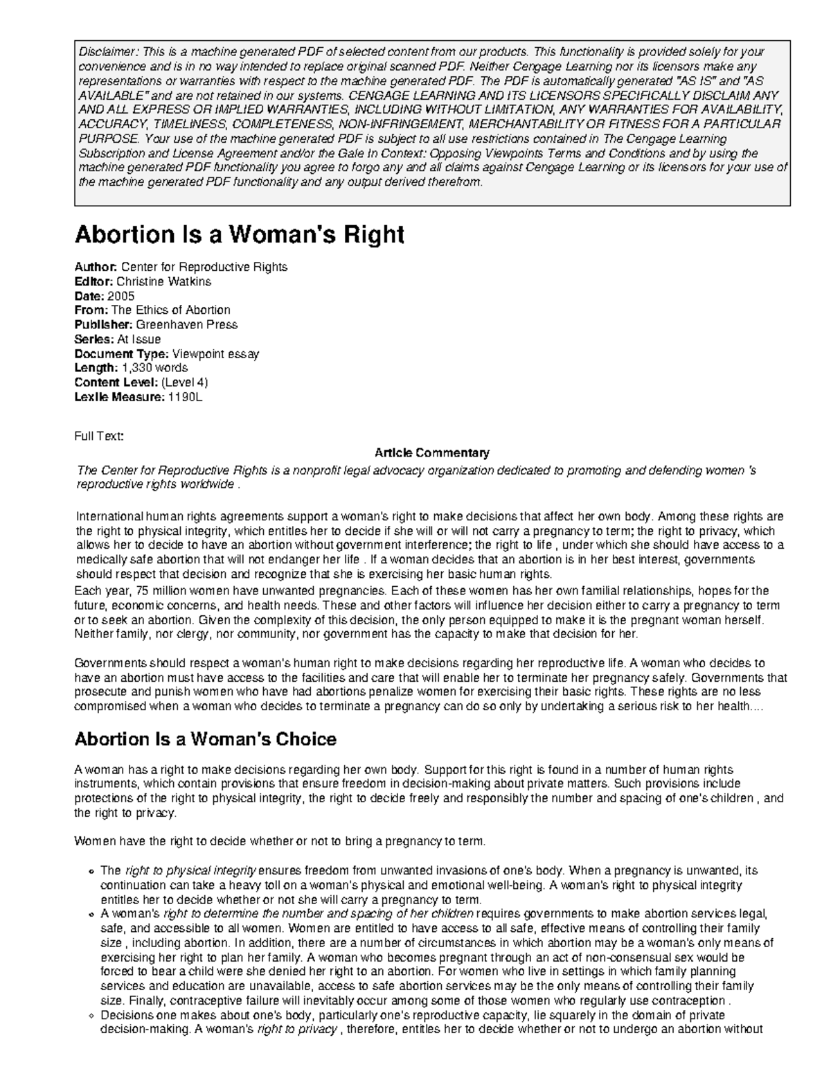 Abortion is a woman's right: viewpoint essay on reproductive rights ...