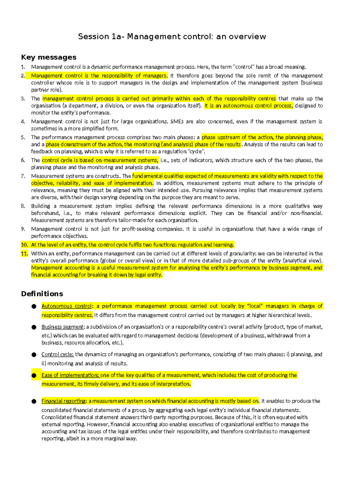 Management Control Overview: Key Messages and Insights (MANA 1) - Studocu