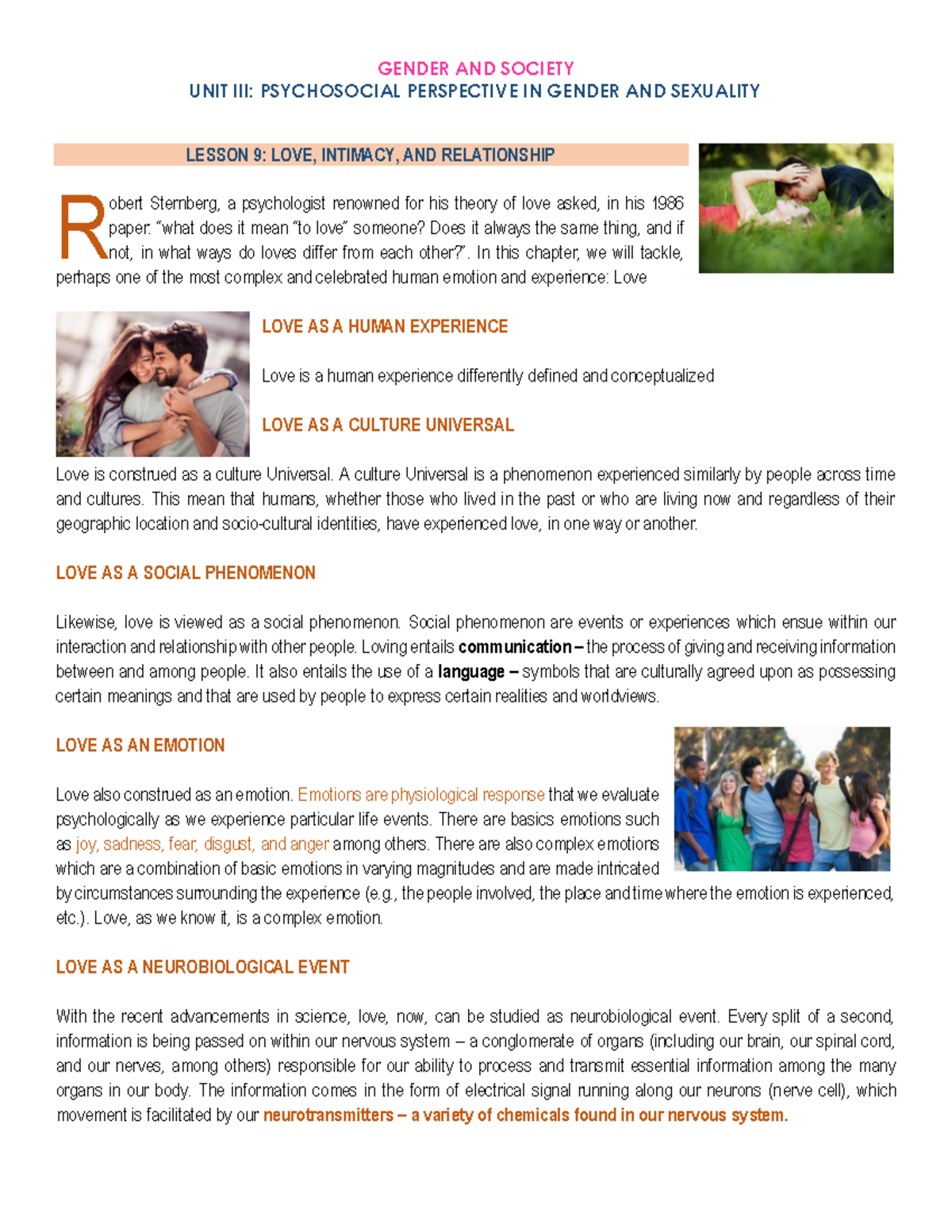Lesson 9 - Love, Intimacy, and Relationships in Gender & Society - Studocu