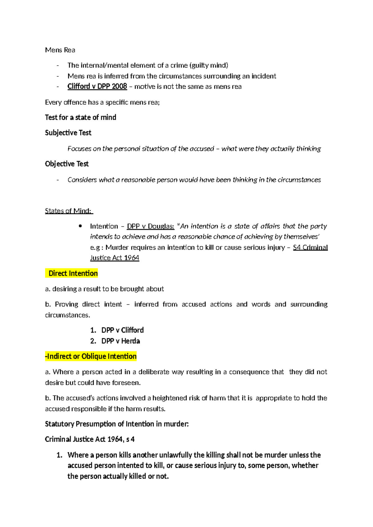 Mens Rea: Key Concepts and Case Law in Criminal Law (CRIM Notes) - Studocu