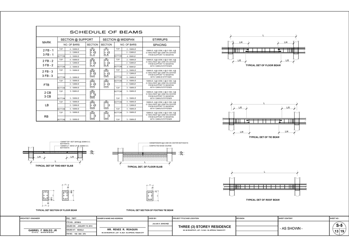 S5 Structural Design: Beam Schedule and Details for 3-Storey Residence ...