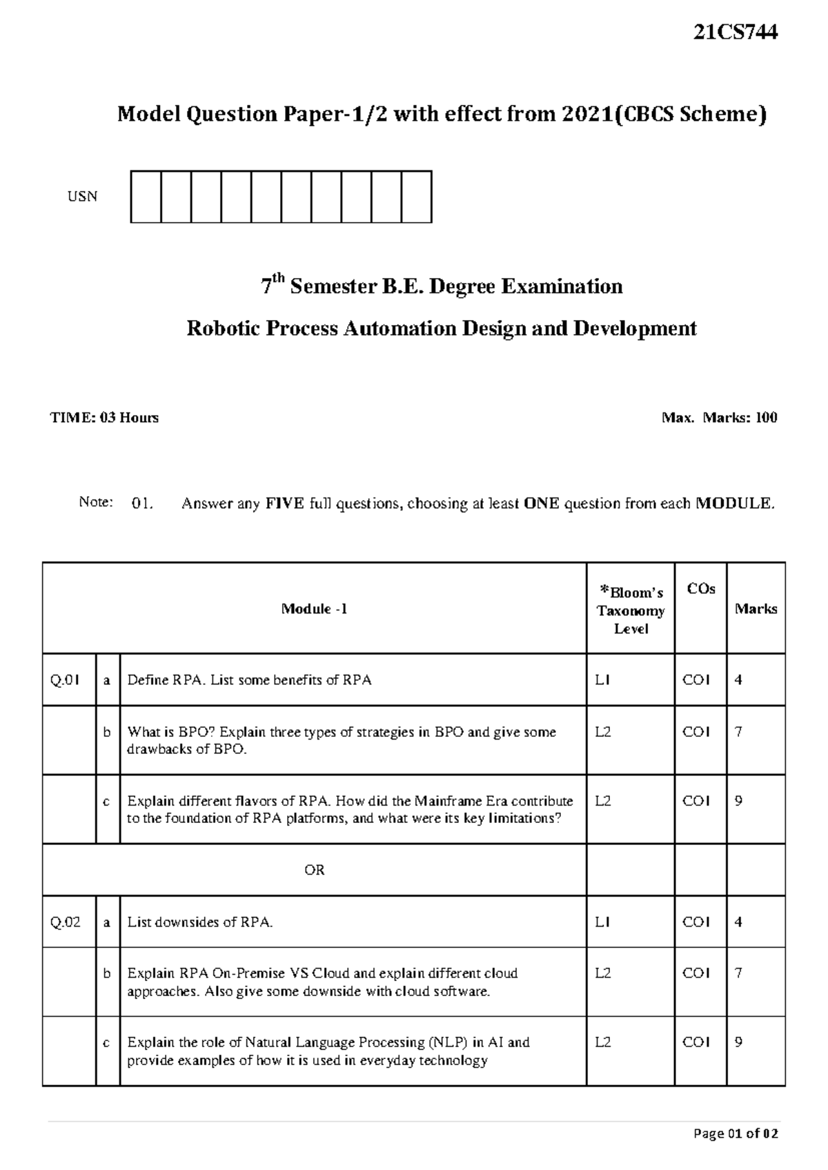 21CS744 Robotic Process Automation Model Question Paper (2021) - Studocu