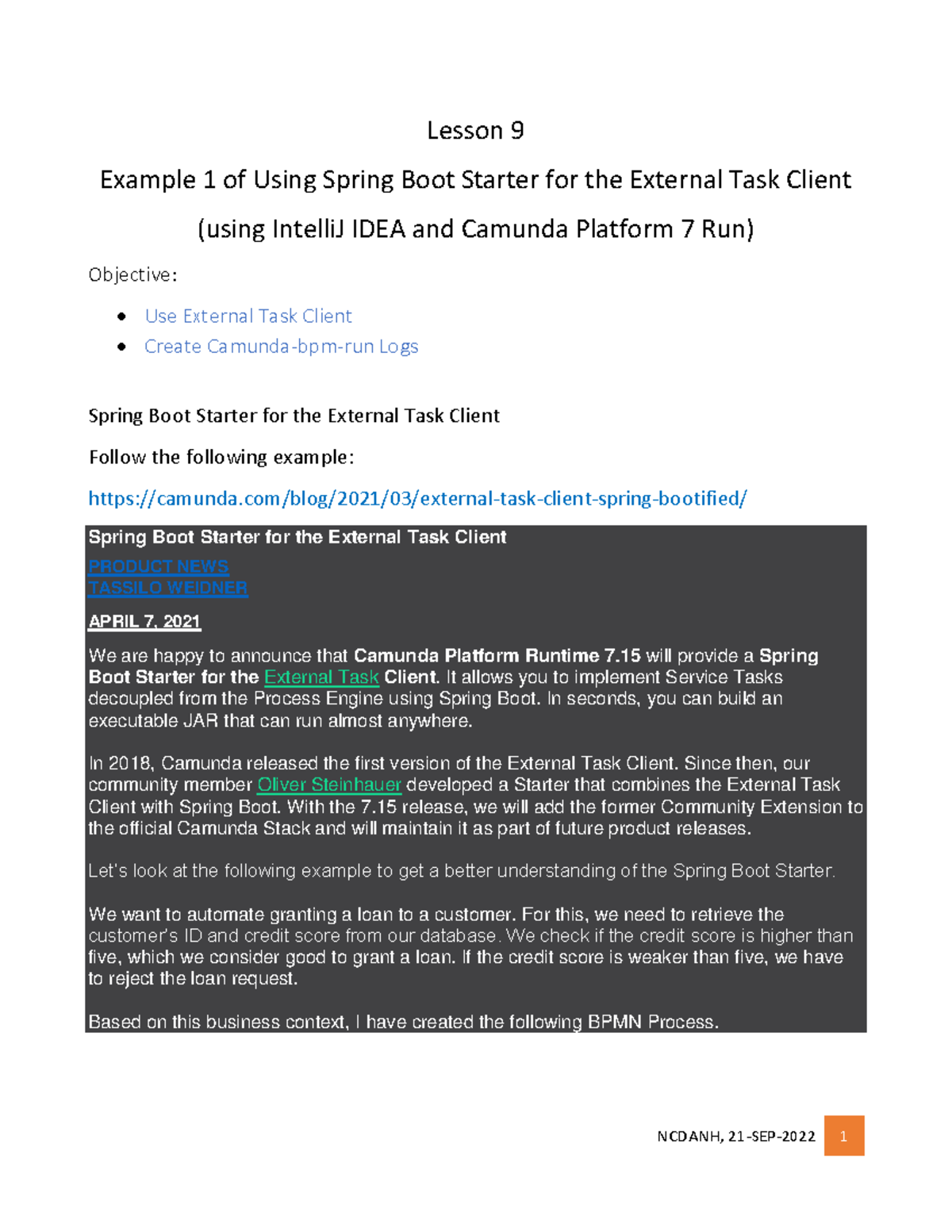 Lesson 9 Example 1 of Spring Boot Starter for the External Task Client ...