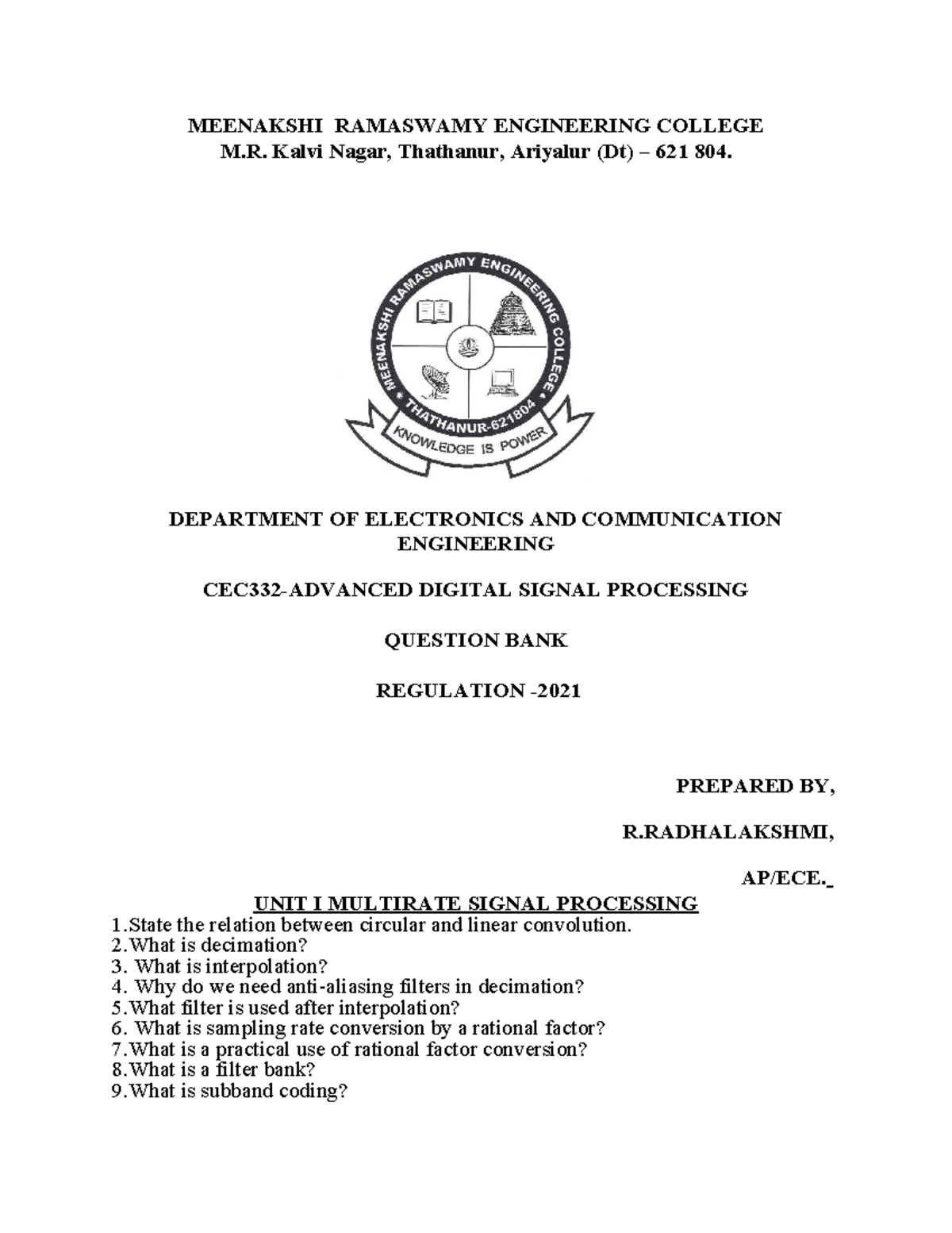 ADSP Question Bank: Digital Signal Processing Concepts and Techniques ...