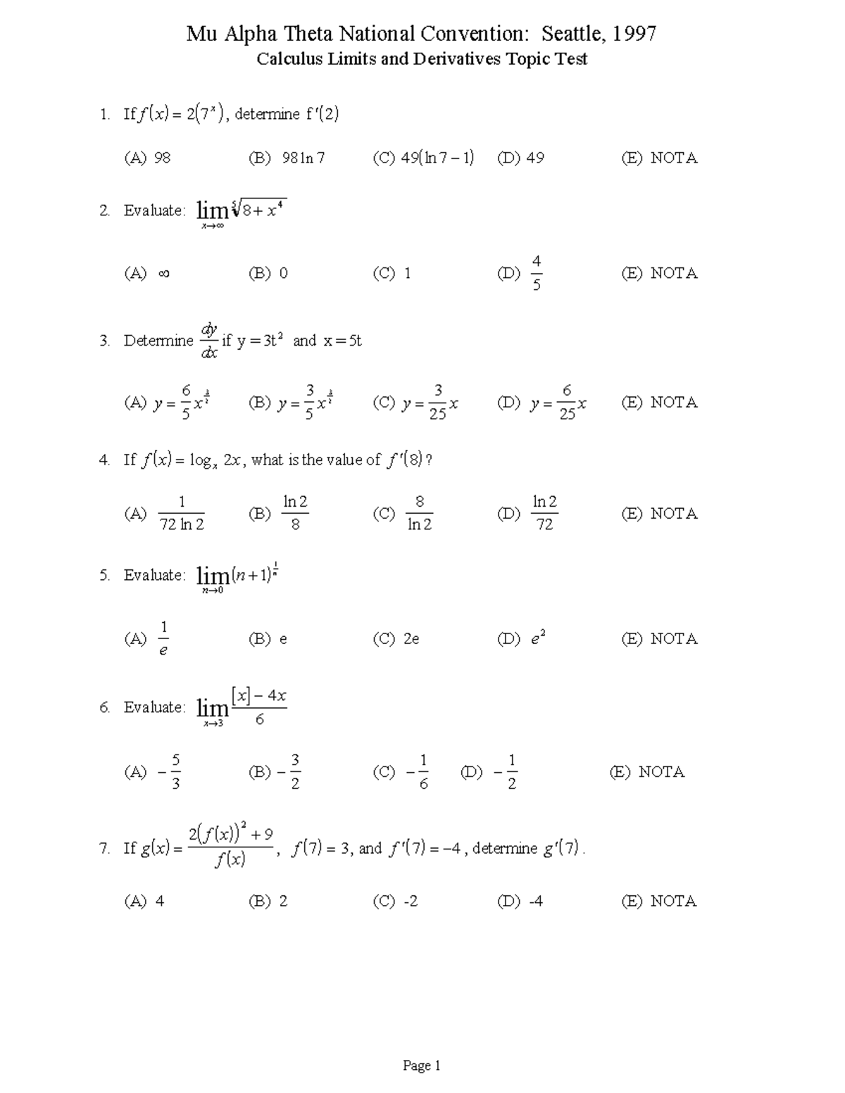 Mu Alpha Theta National Convention: Seattle, 1997 Calculus Limits ...