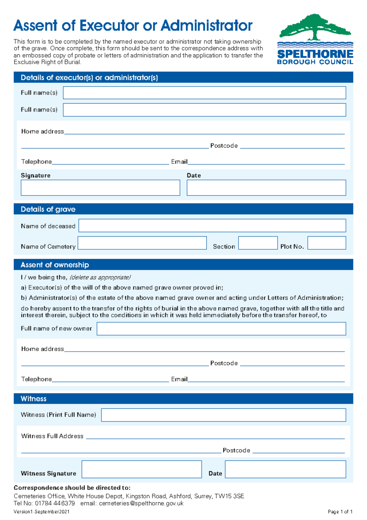Form of Assent for Executor/Administrator - Burial Rights Transfer ...