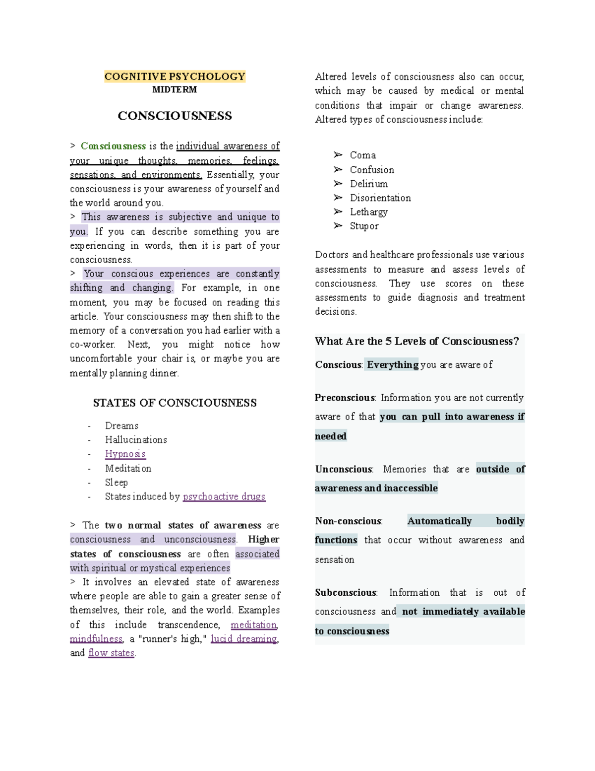 Cognitive Psychology 101: Midterm Review on Consciousness and Awareness ...