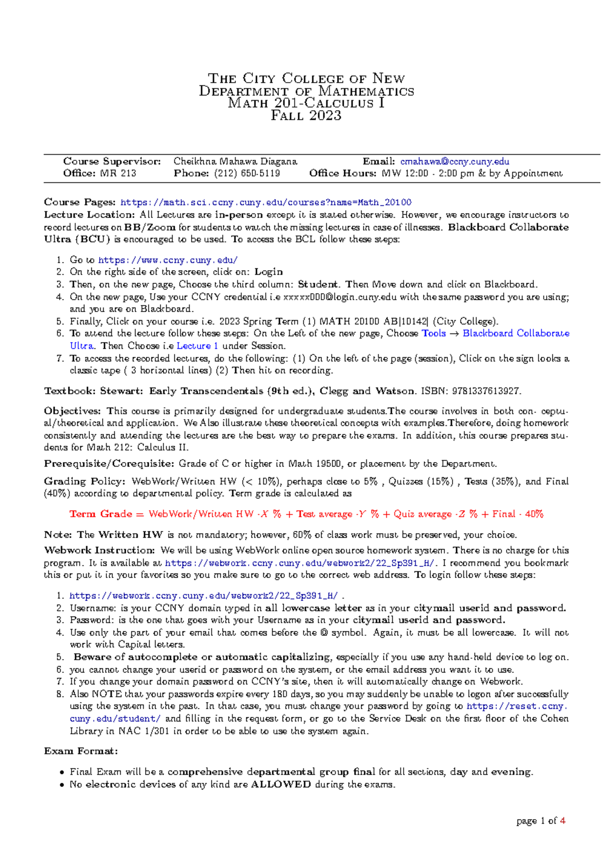 Math 201 - Calculus I Syllabus for Fall 2023 at City College - Studocu