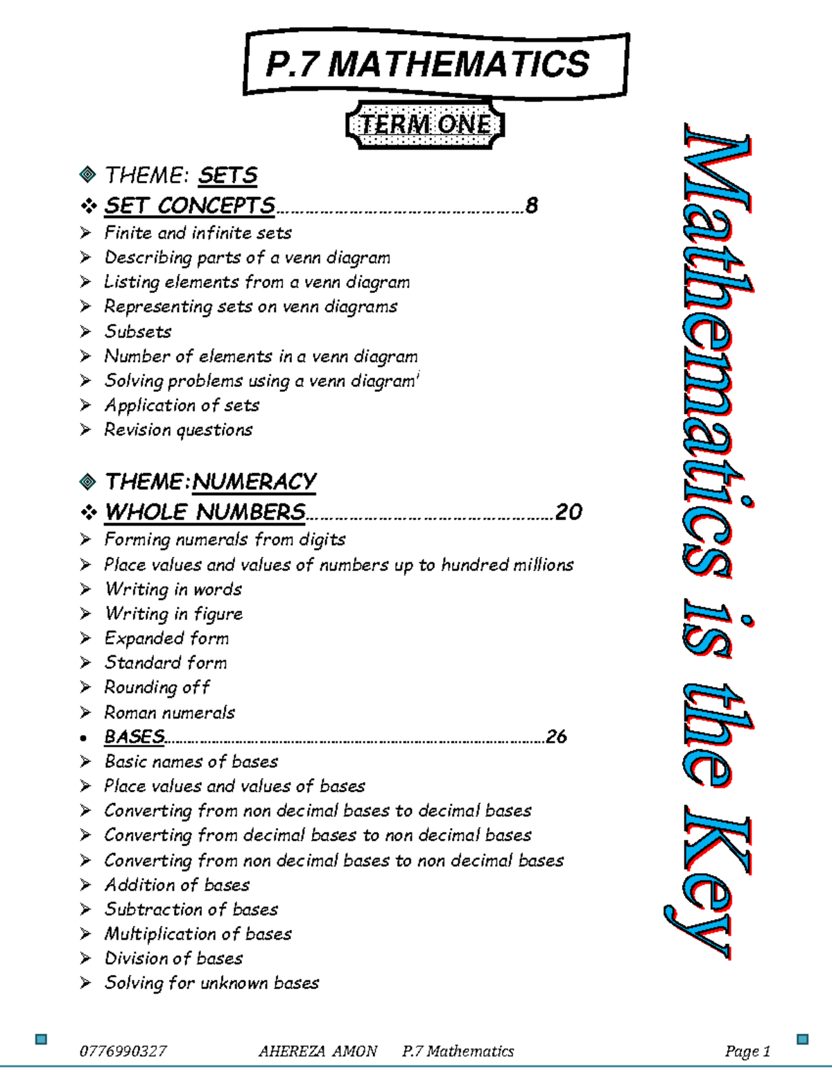 Mathematics P.7 Notes: Sets, Numeracy, and Algebra Concepts - Studocu
