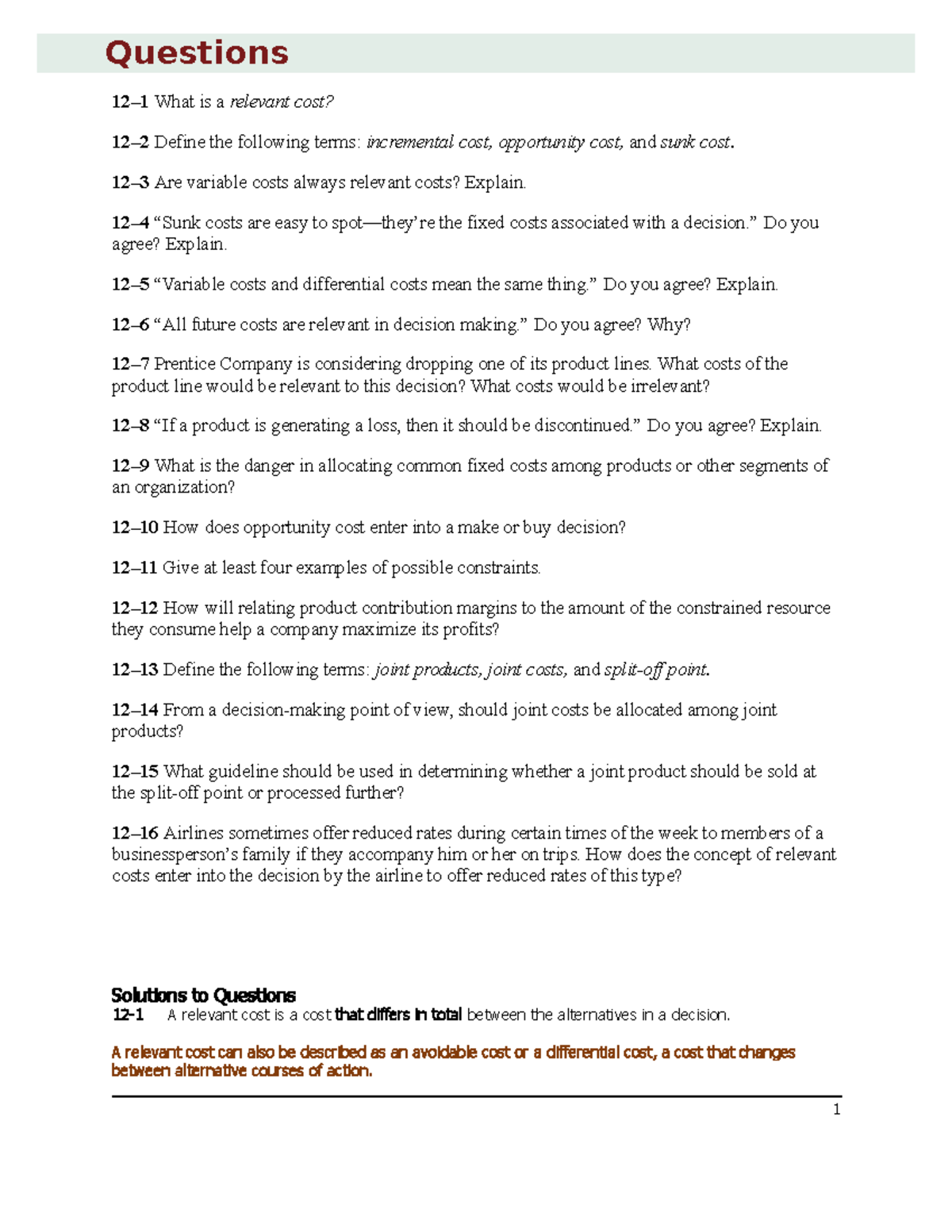 CH 12 Questions with annotations - Questions 12–1 What is a relevant ...