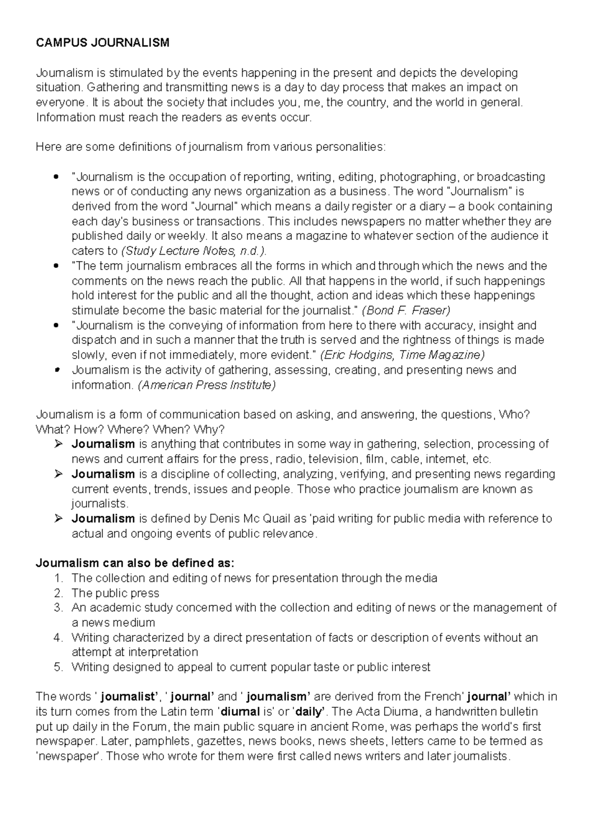 Campus Journalism - Lecture Notes Overview and Definitions - Studocu