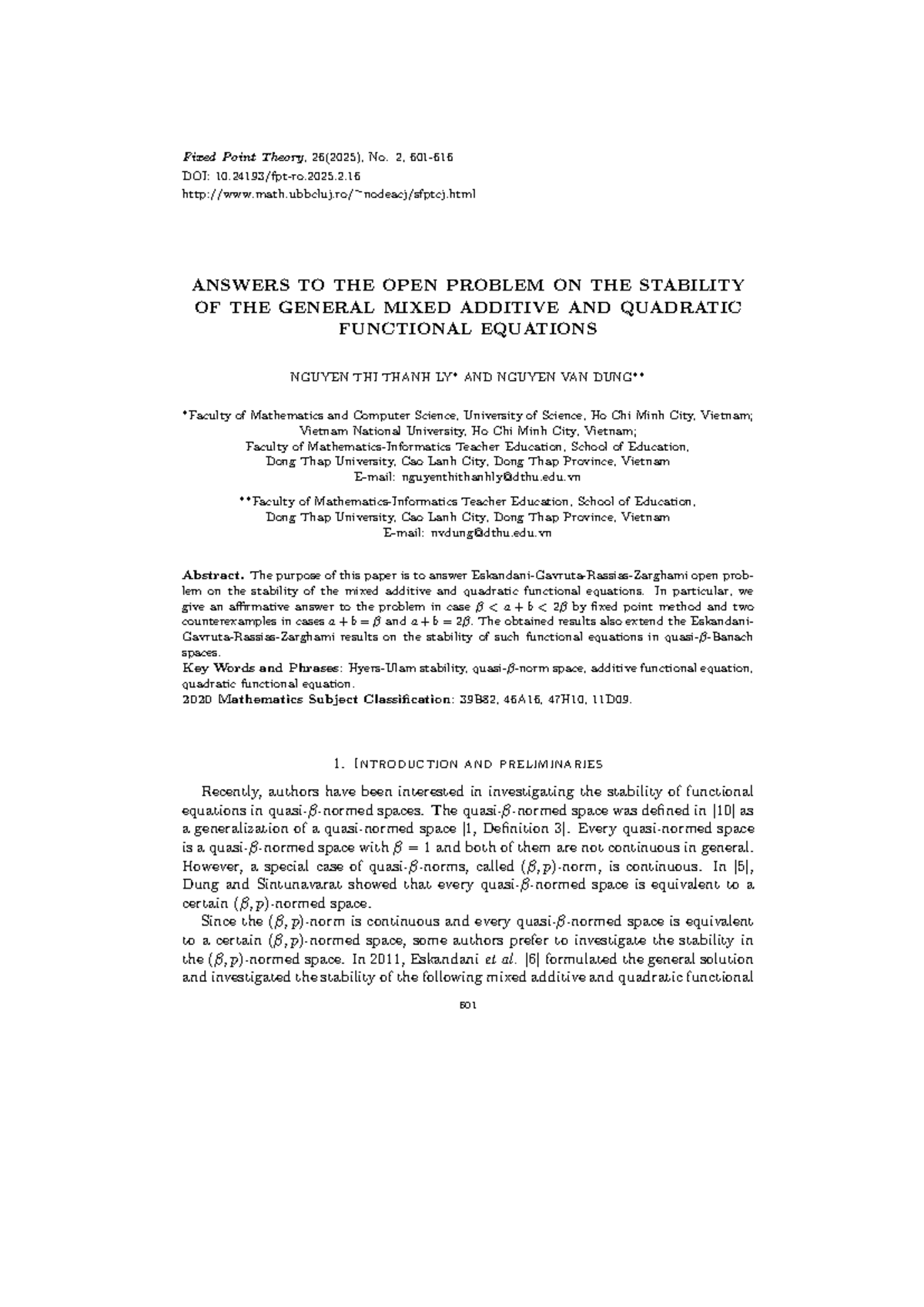 Final Exam on Fixed Point Theory: Stability of Mixed Additive and ...