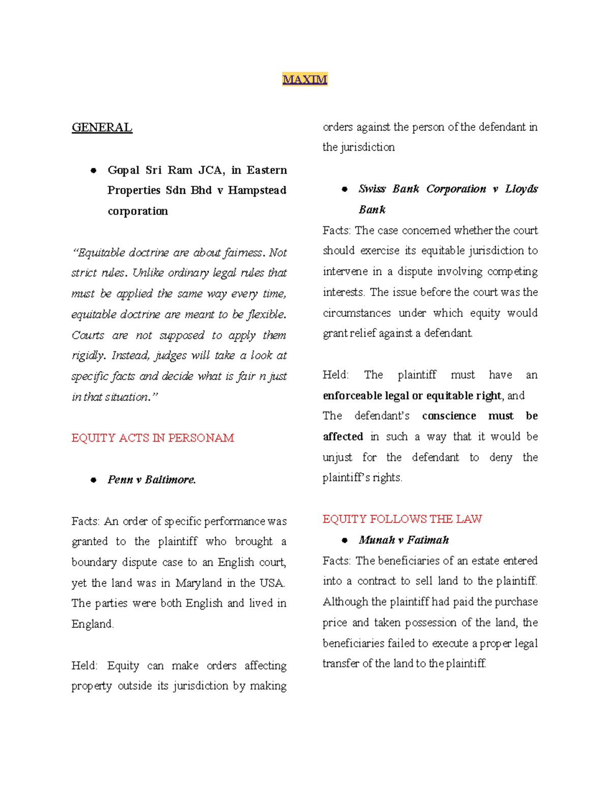 Equity 1 Cases: Key Principles and Legal Precedents - Studocu