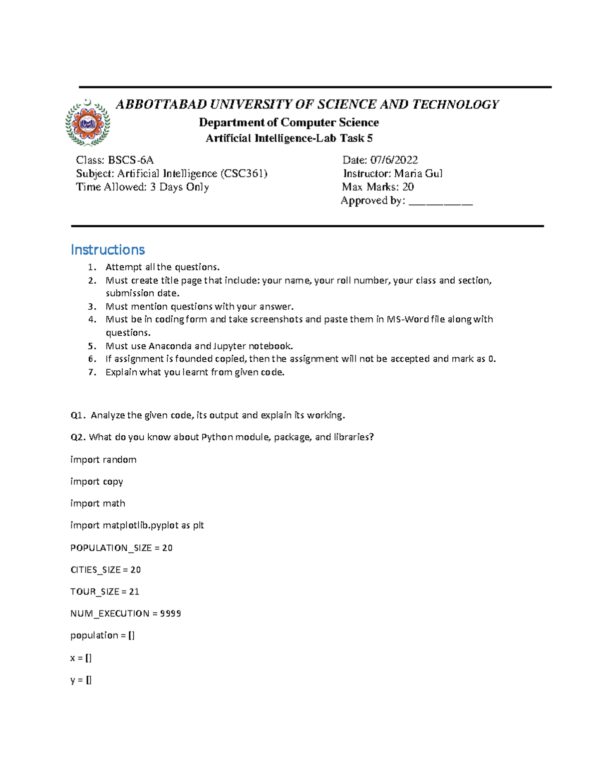 AI Lab Task 5 - Coding Assignment on Artificial Intelligence (CSC361 ...