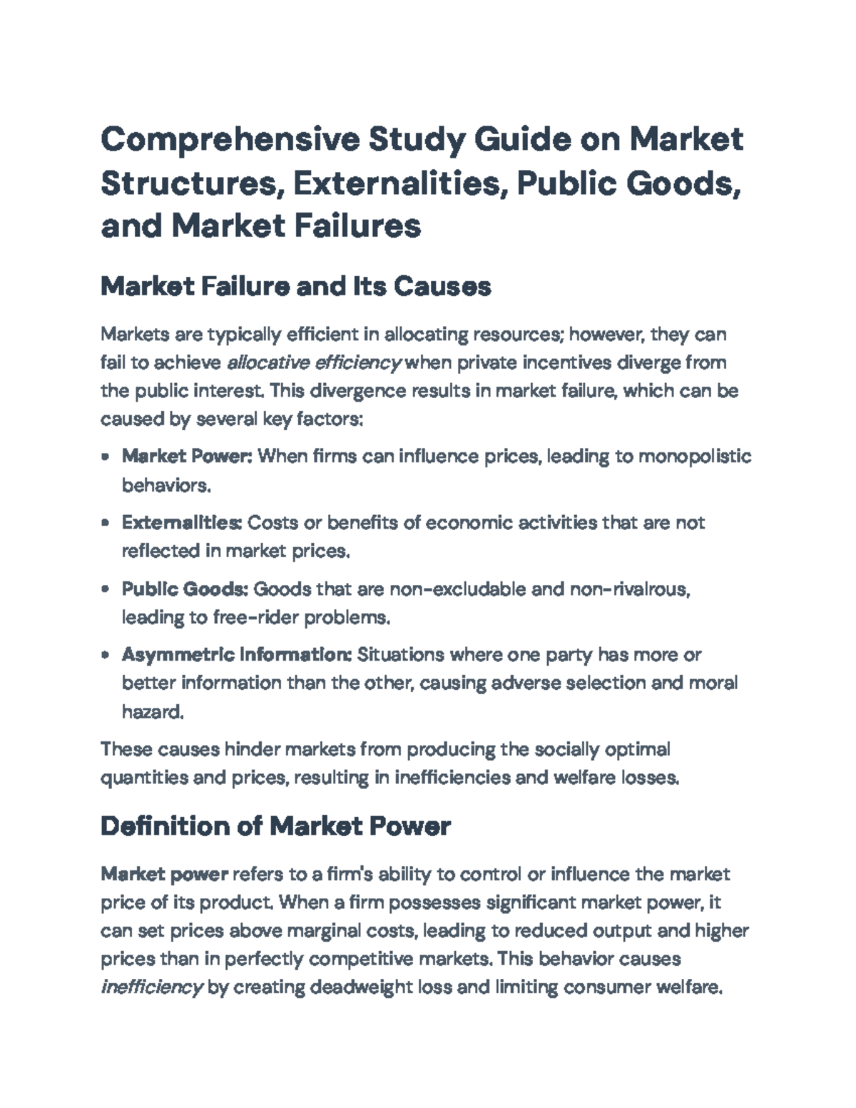 Comprehensive Study Guide: Market Structures, Externalities, and ...