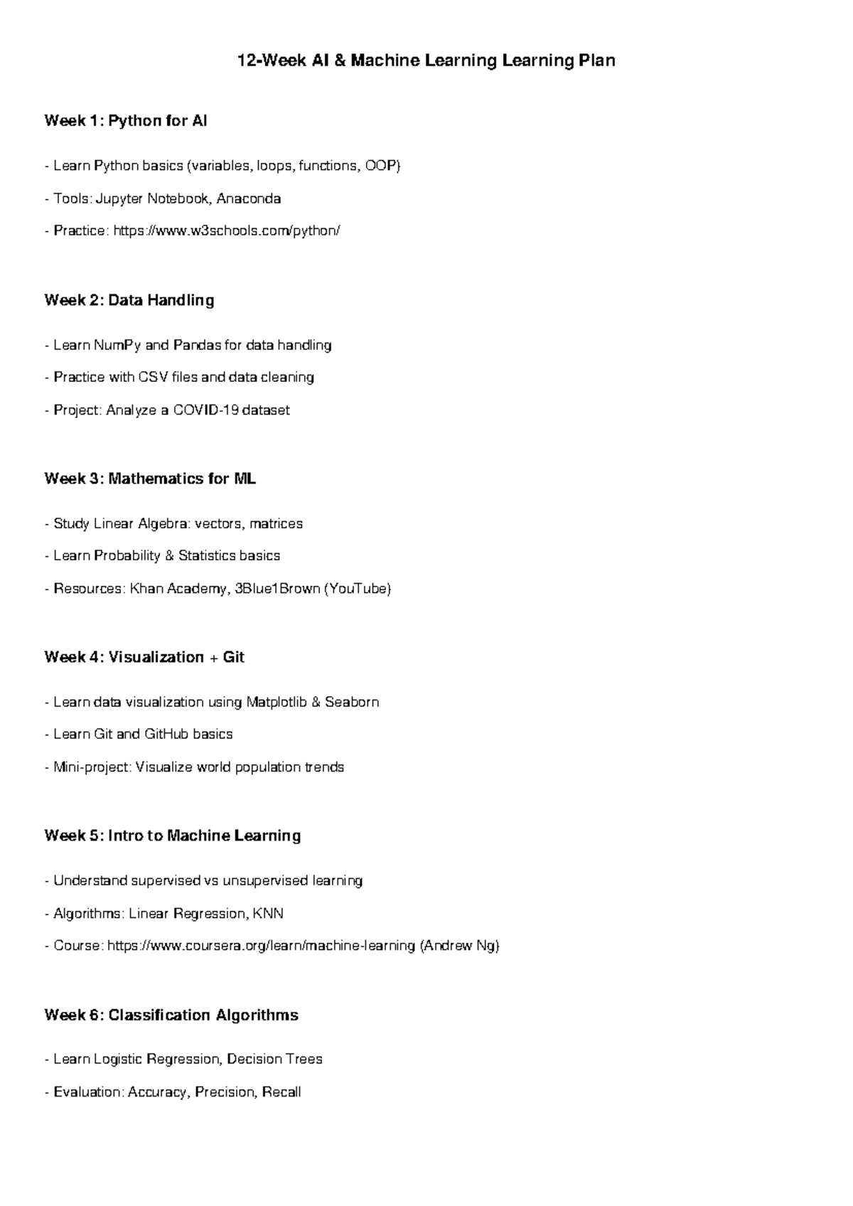 AI ML 12-Week Learning Plan: From Python Basics to Final Project - Studocu