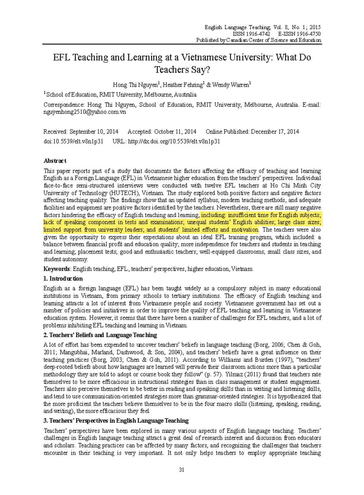 EFL Teaching and Learning Challenges at HUTECH: Teacher Perspectives ...
