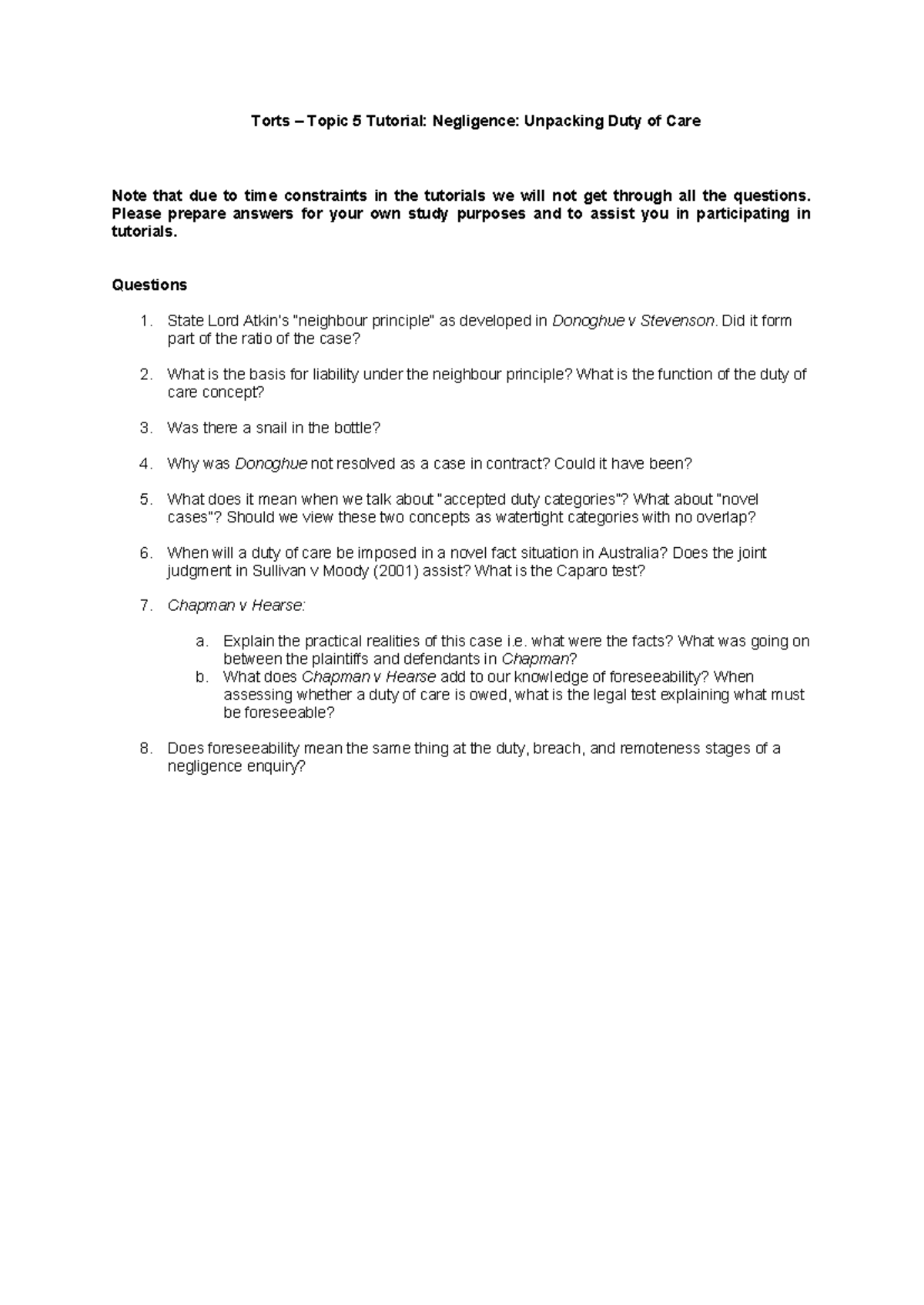 TORTS 101 - Topic 5 Tutorial: Exploring Negligence & Duty of Care - Studocu