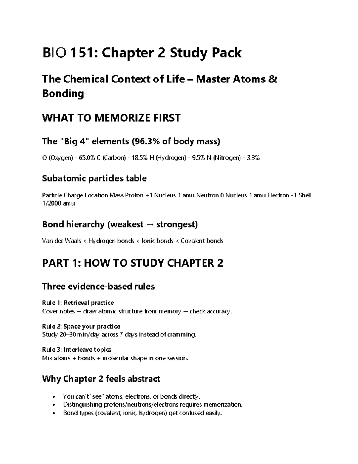 BIO 151: Chapter 2 Study Guide - The Chemical Context of Life - Studocu