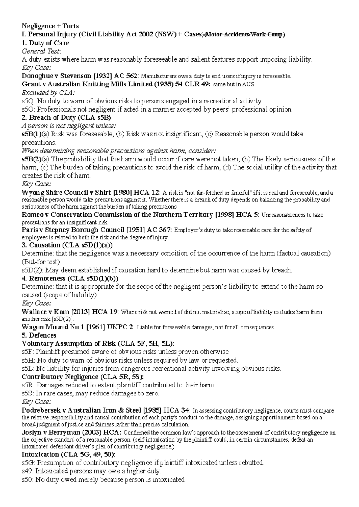 CLAW1001 Final Exam: Negligence Torts I Overview and Key Cases - Studocu