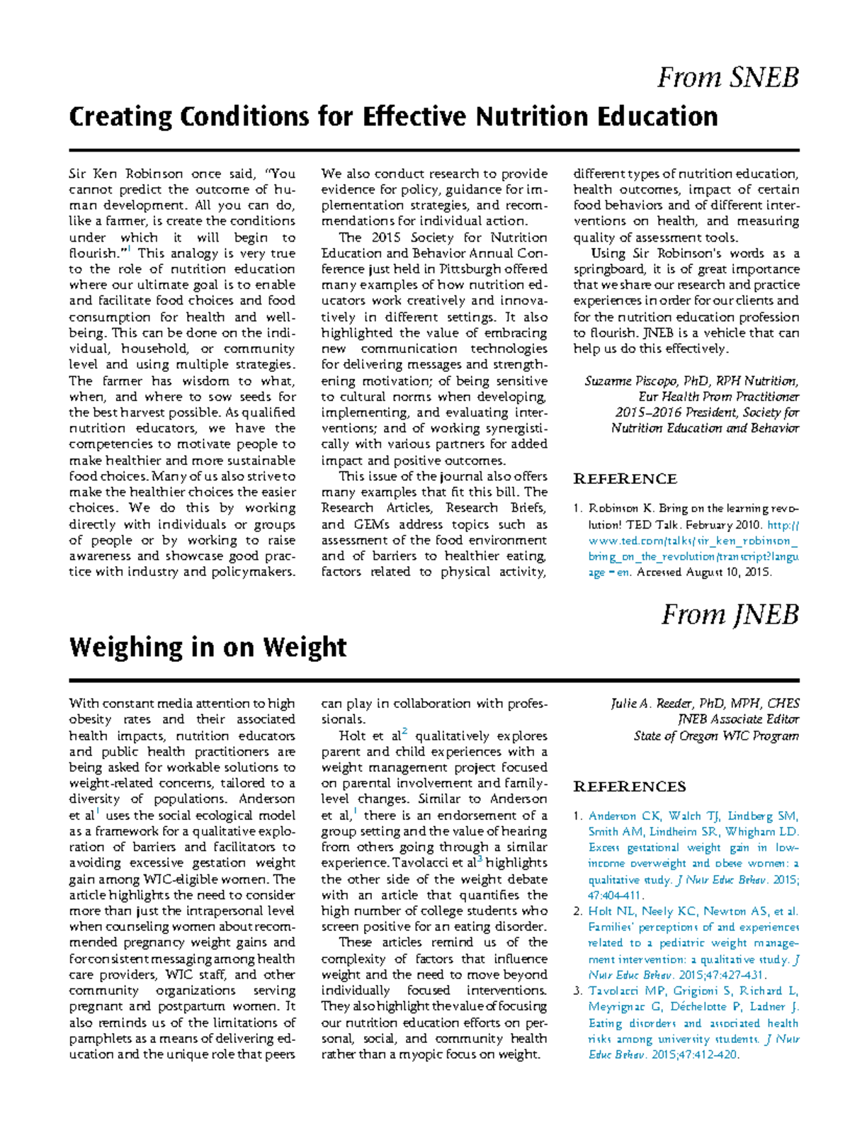 SNEB 2015: Creating Conditions for Effective Nutrition Education - Studocu