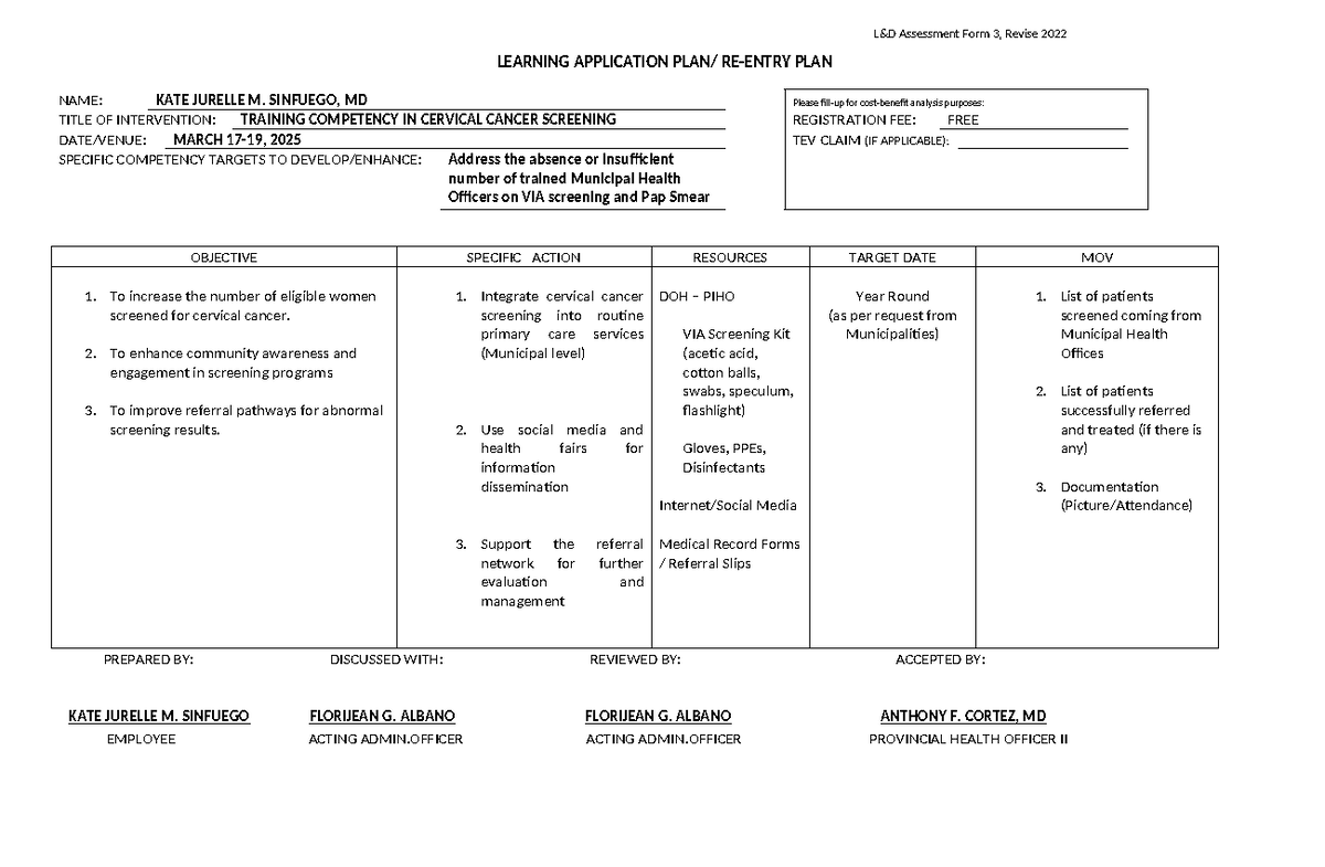 Assessment Form 3: Learning Application Plan for VIA Screening - Studocu