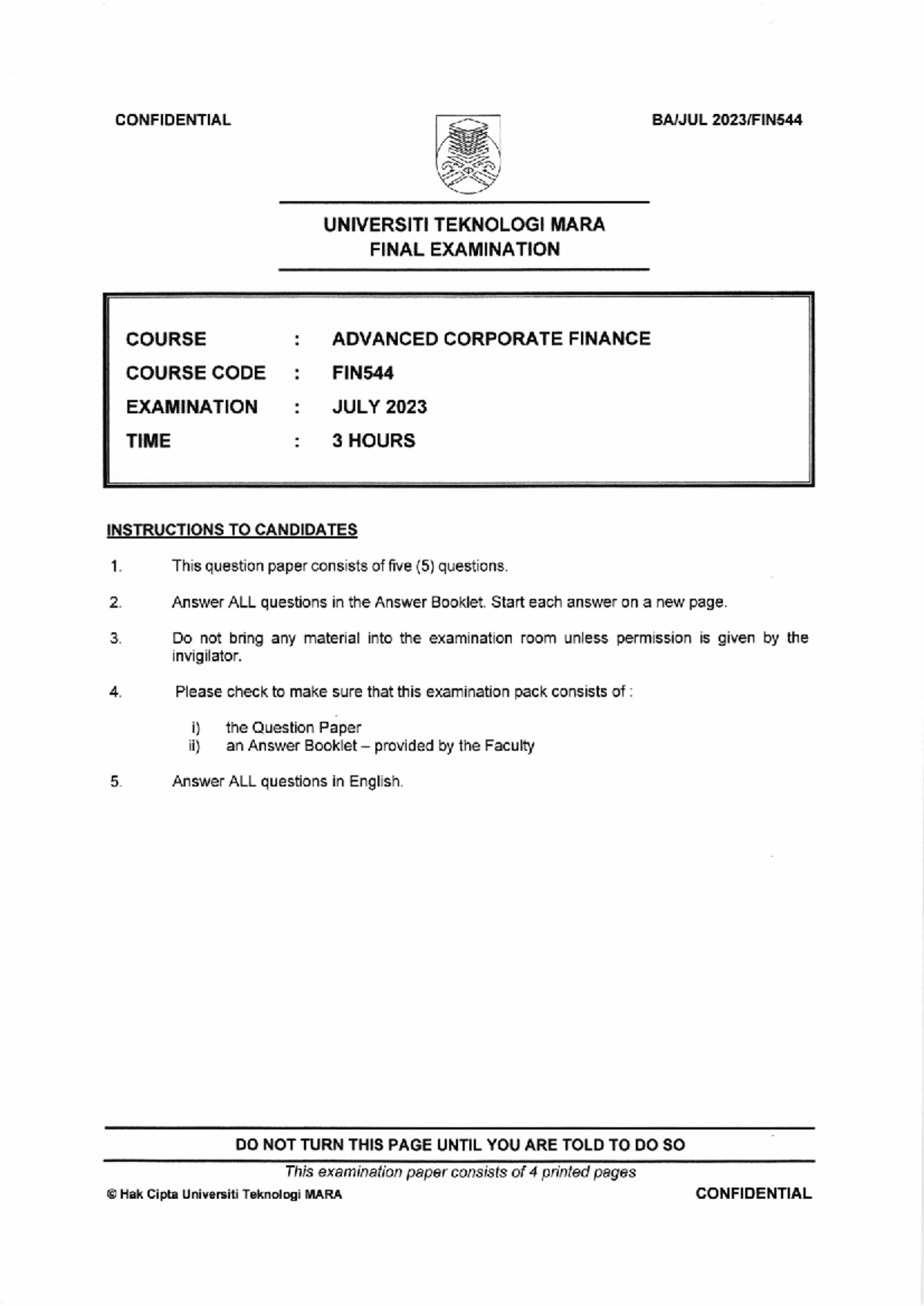 FIN544 Advanced Corporate Finance Final Exam July 2023 - Studocu